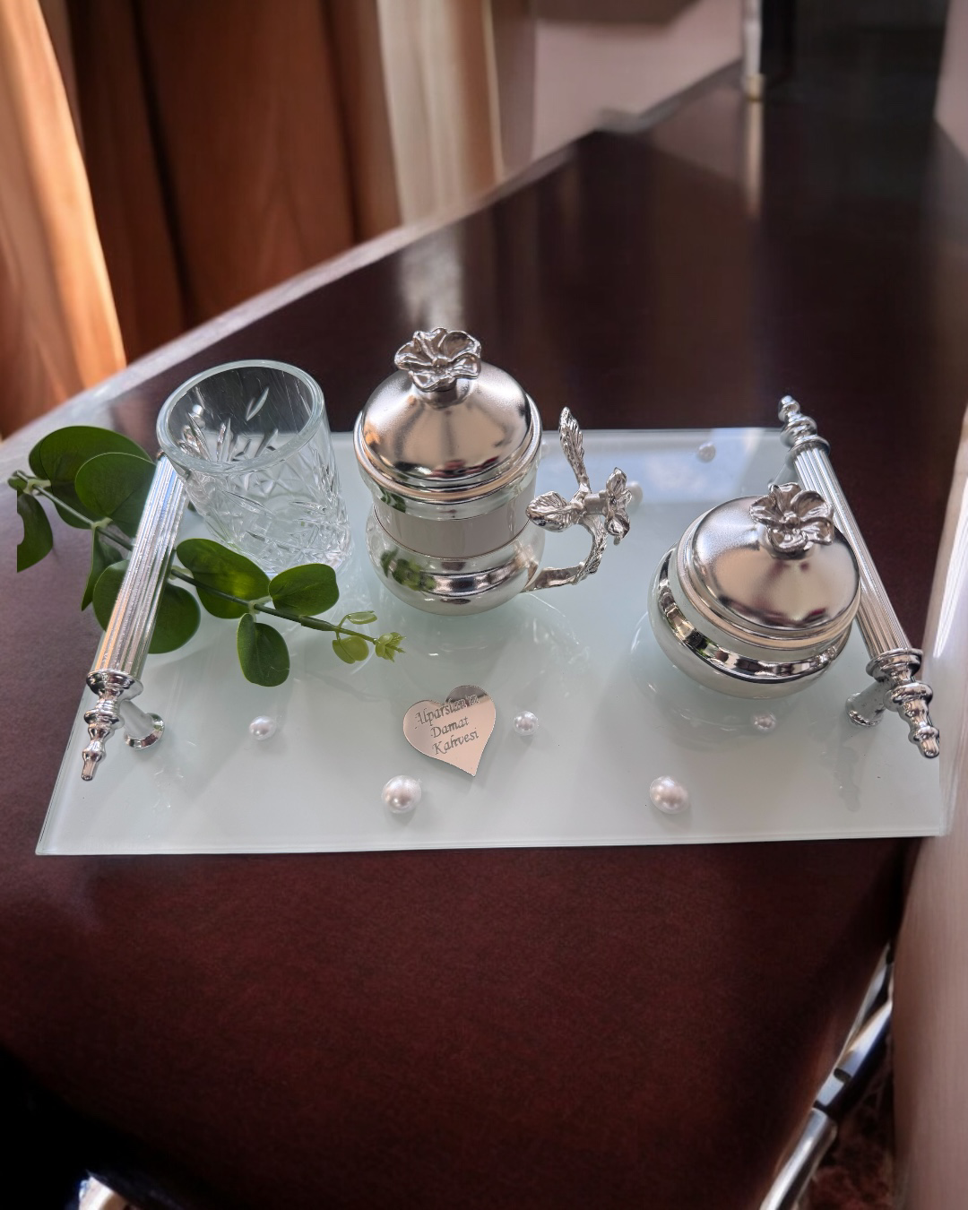 Cyzhome Bonding Gümüş Beyaz İncili Söz Tepsisi Nişan Tepsisi Ve Damat Kah