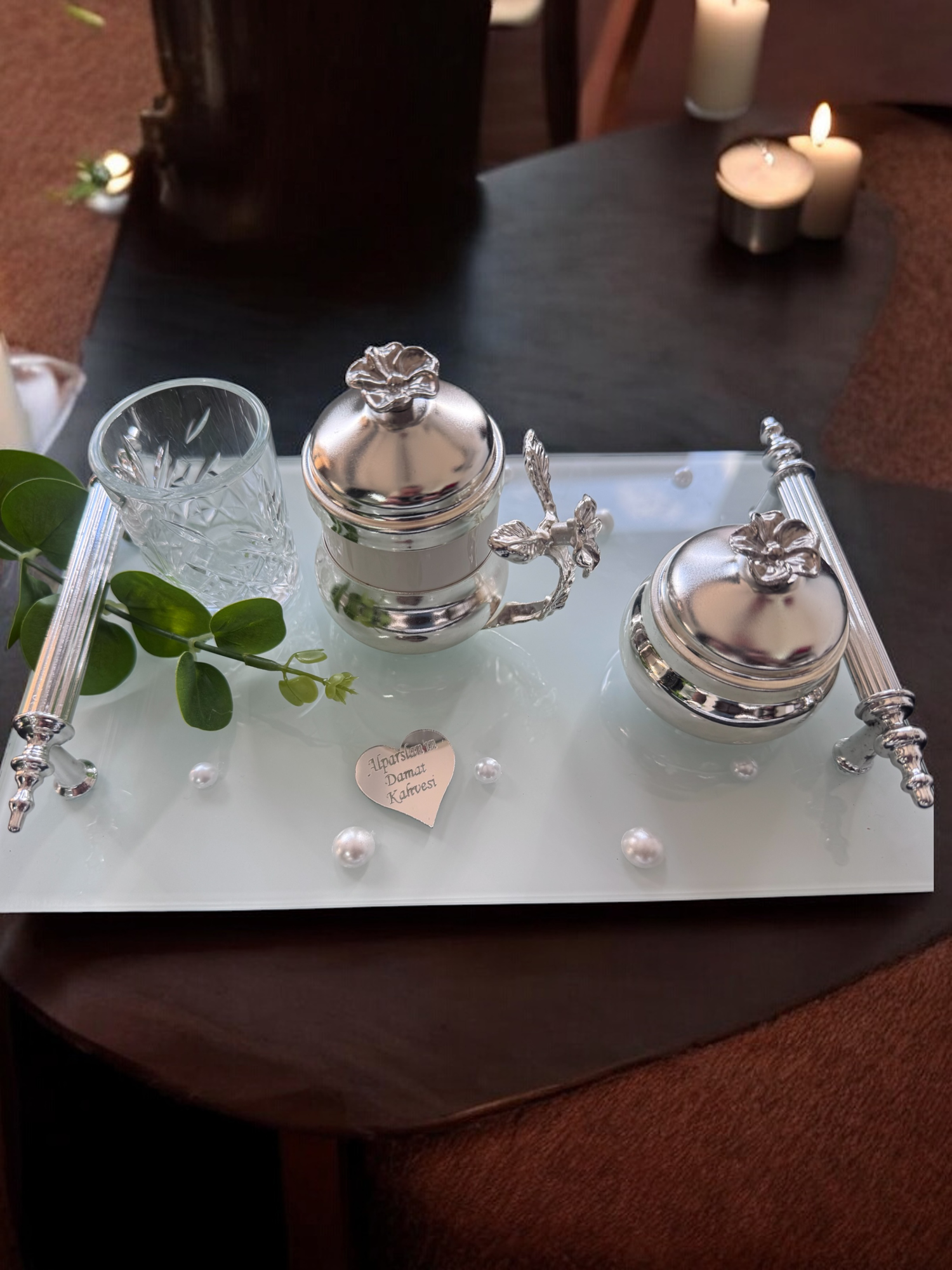 Cyzhome Bonding Gümüş Beyaz İncili Söz Tepsisi Nişan Tepsisi Ve Damat Kah