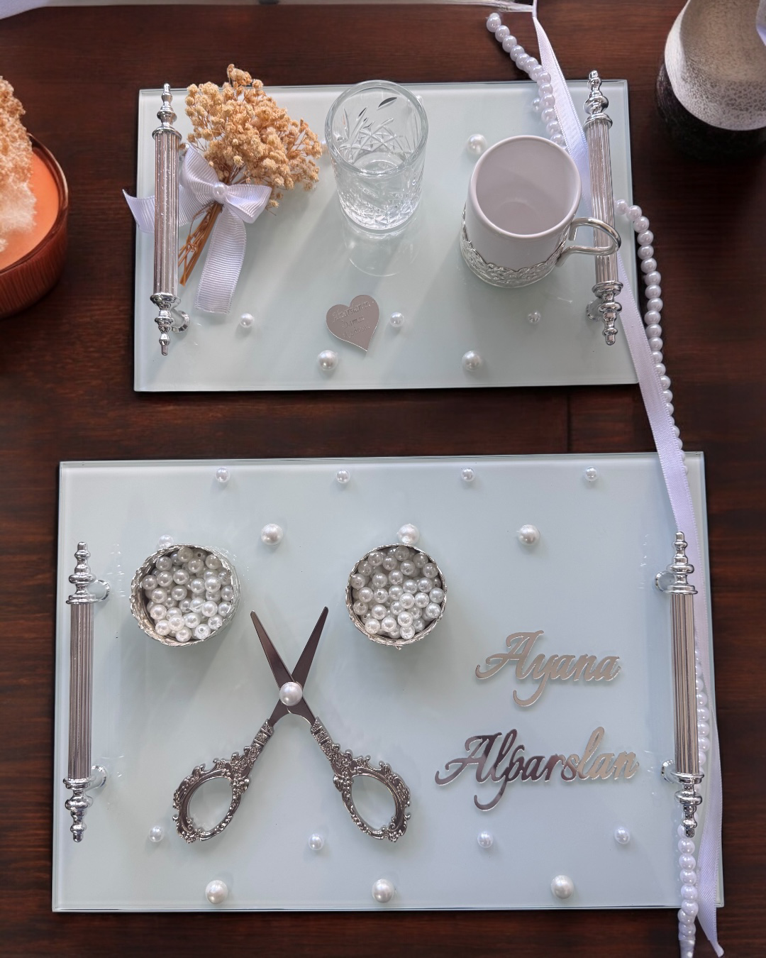 Cyzhome Bonding Gümüş Beyaz İncili Söz Tepsisi Nişan Tepsisi Ve Damat Kah