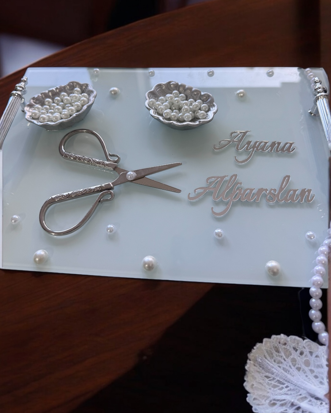 Cyzhome Bonding Gümüş Beyaz İncili Söz Tepsisi Nişan Tepsisi Ve Damat Kah
