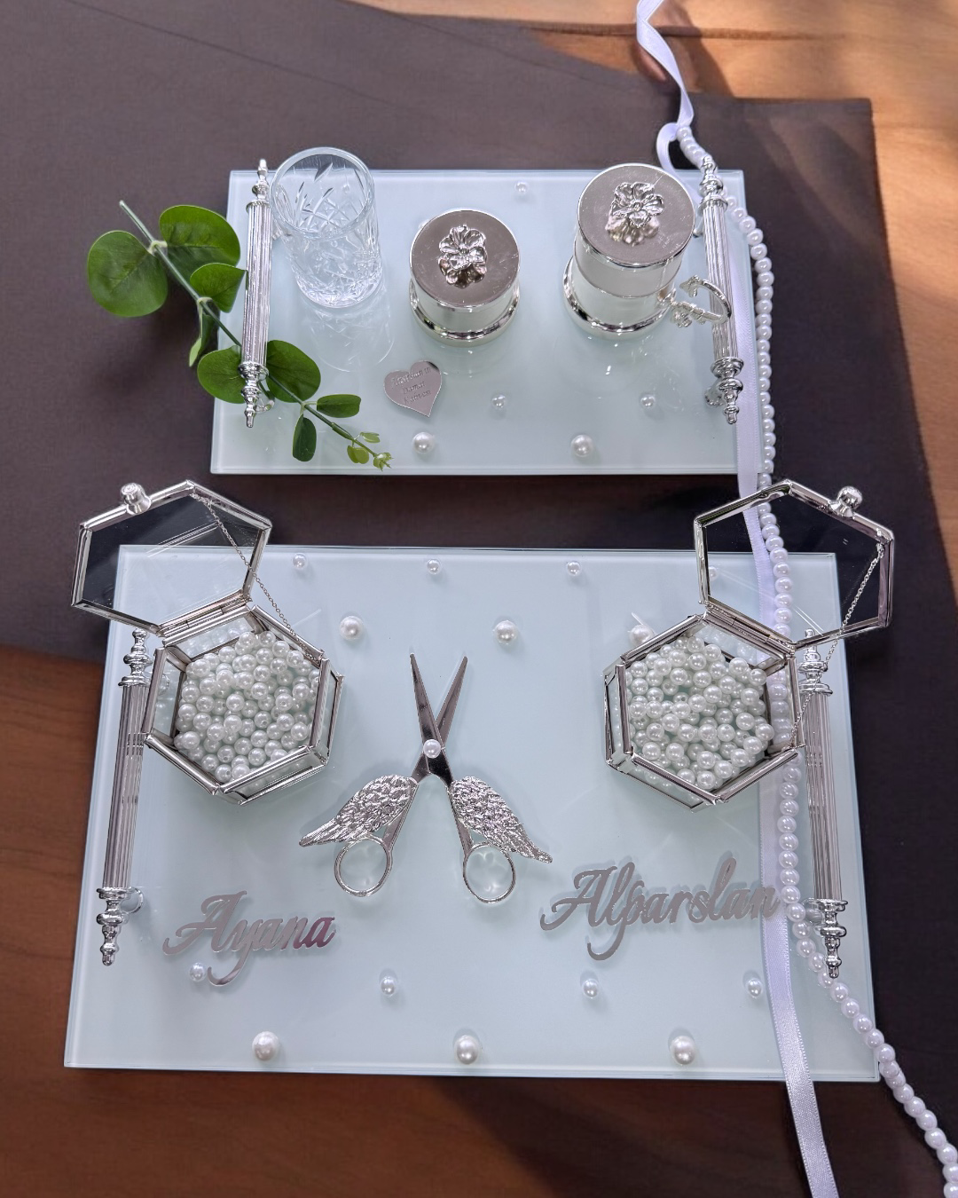 Cyzhome Bonding Gümüş Beyaz İncili Söz Tepsisi Nişan Tepsisi Ve Damat Kah