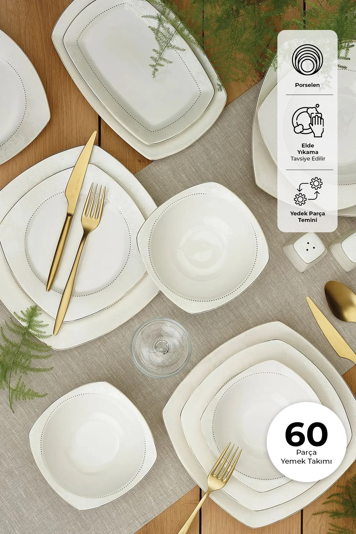 Bone Yeni Defne 60 Parça 12 Kişilik Yemek Takımı Yarım Kare