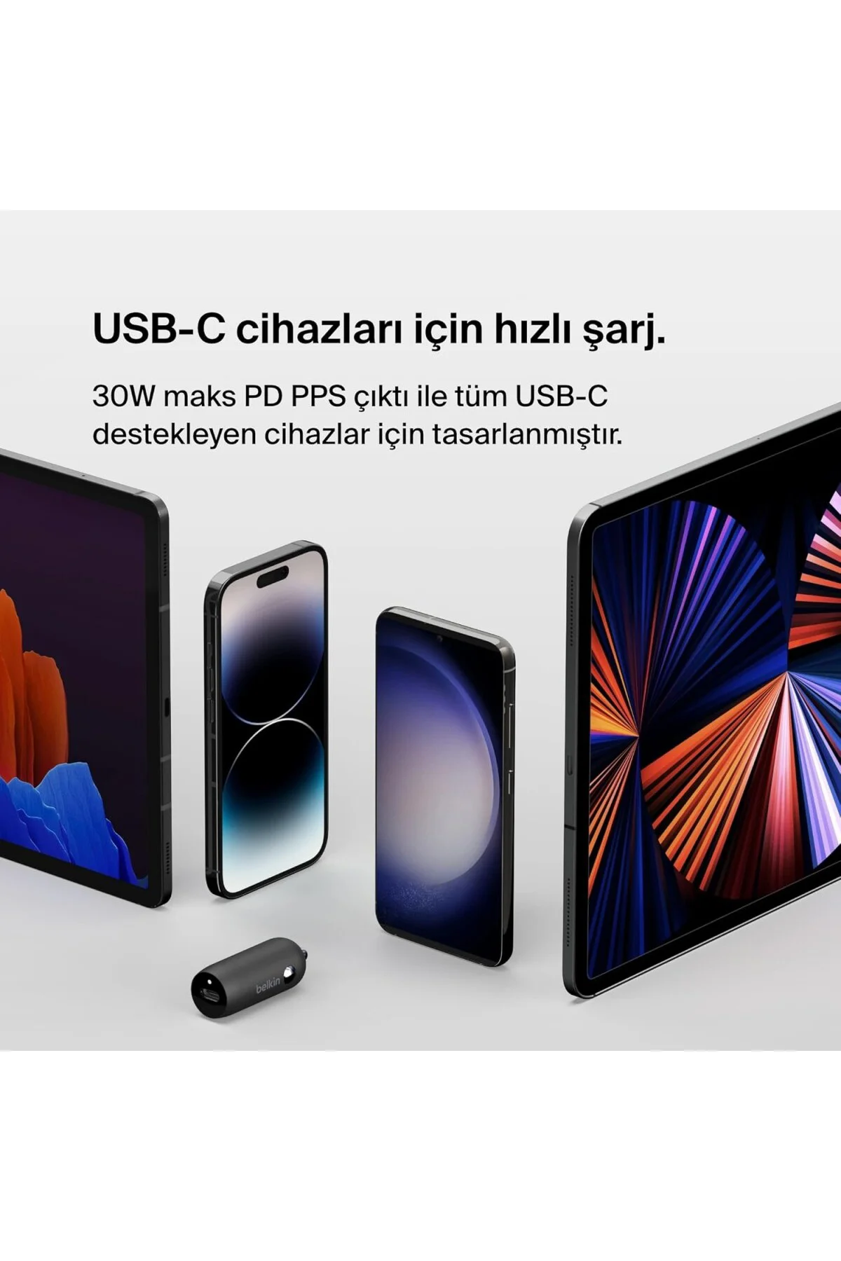 BoostCharge 30W Hızlı Araç Şarj Cihazı, USB-C Güç Dağıtım Portlu Kompakt Tasarı