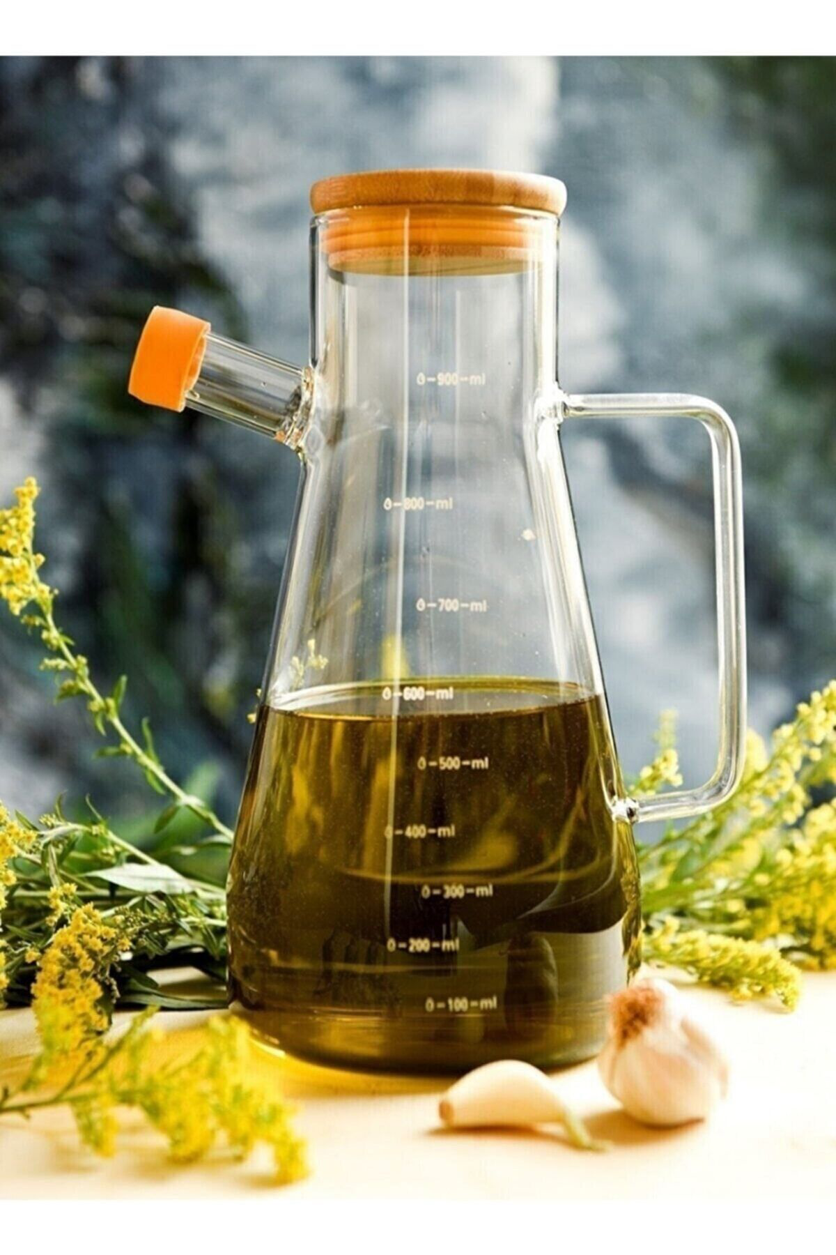 Gemboss Borasilkat Cam 900 Ml Bambu Kapakli Yağdanlik