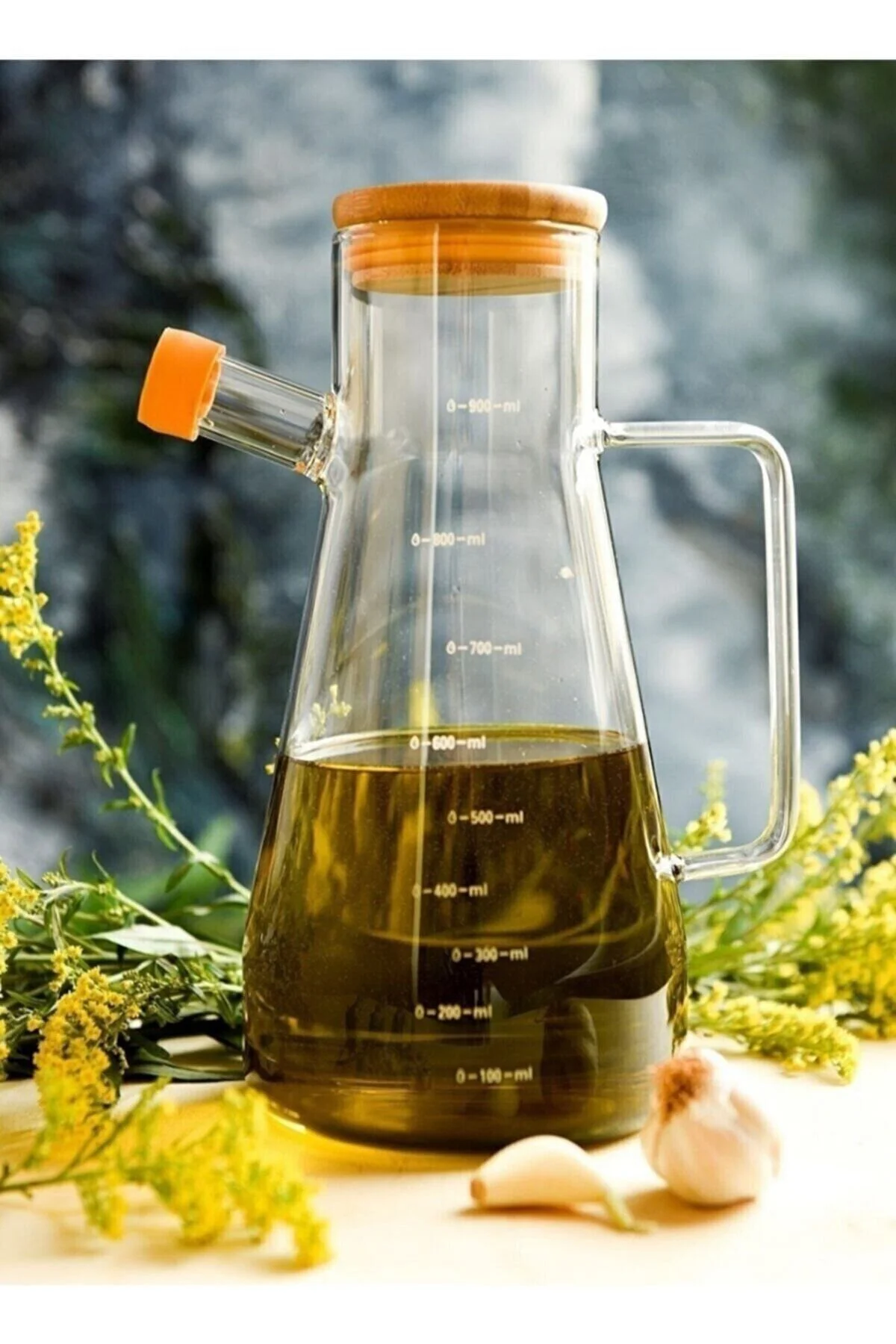 Borasilkat Cam 900 Ml Bambu Kapaklı Yağdanlık