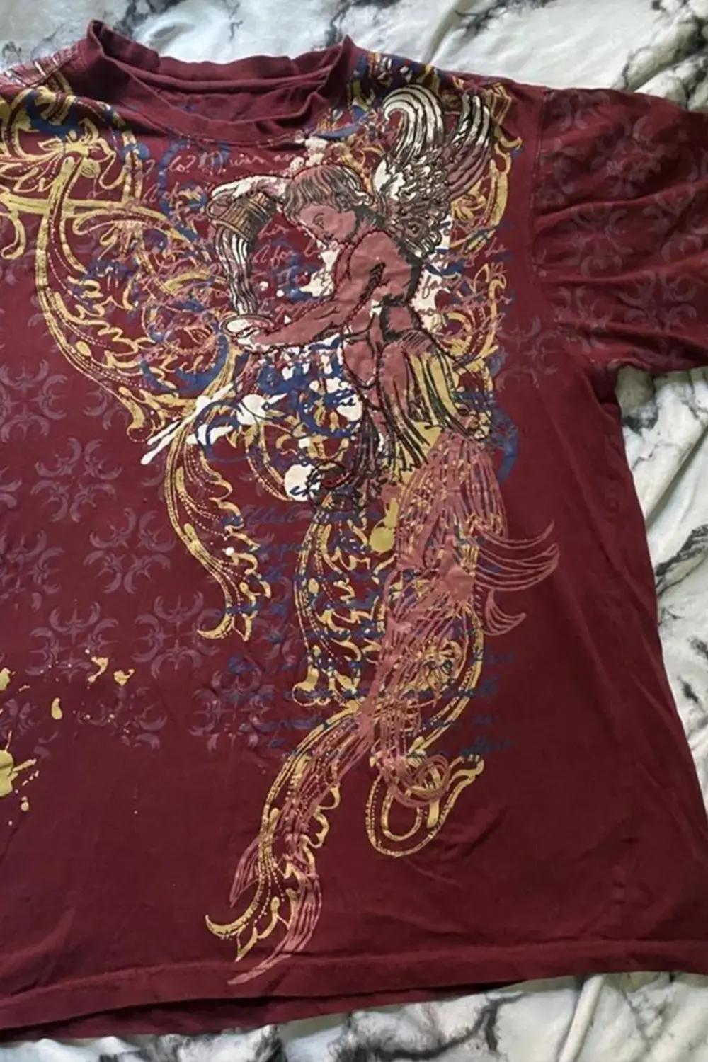Bordo Angel Motifli Vintage Y2K Unisex T-Shirt