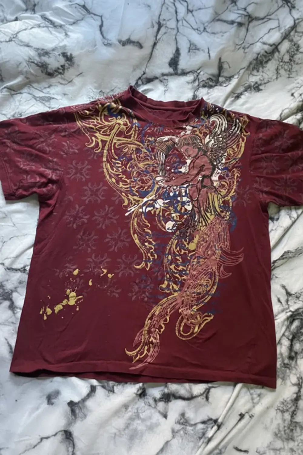Bordo Angel Motifli Vintage Y2K Unisex T-Shirt