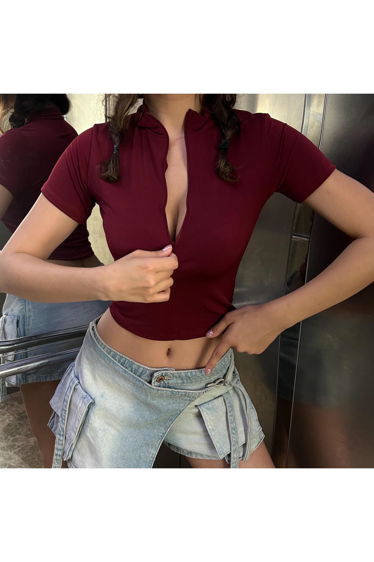 Bordo Balıkçı Yaka Yarım Fermuarlı Kısa Kollu Crop