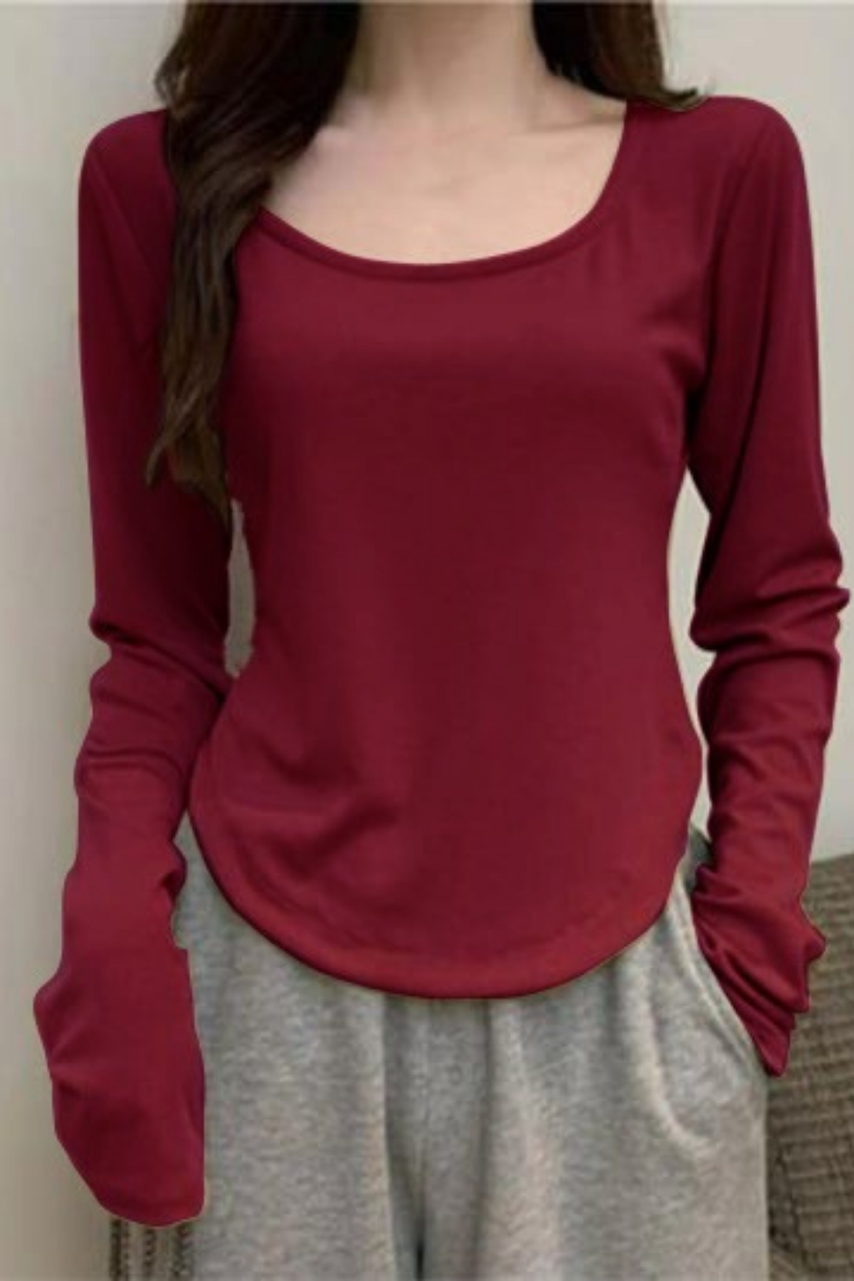 Bordo Basic Y2K Uzun Kollu Crop