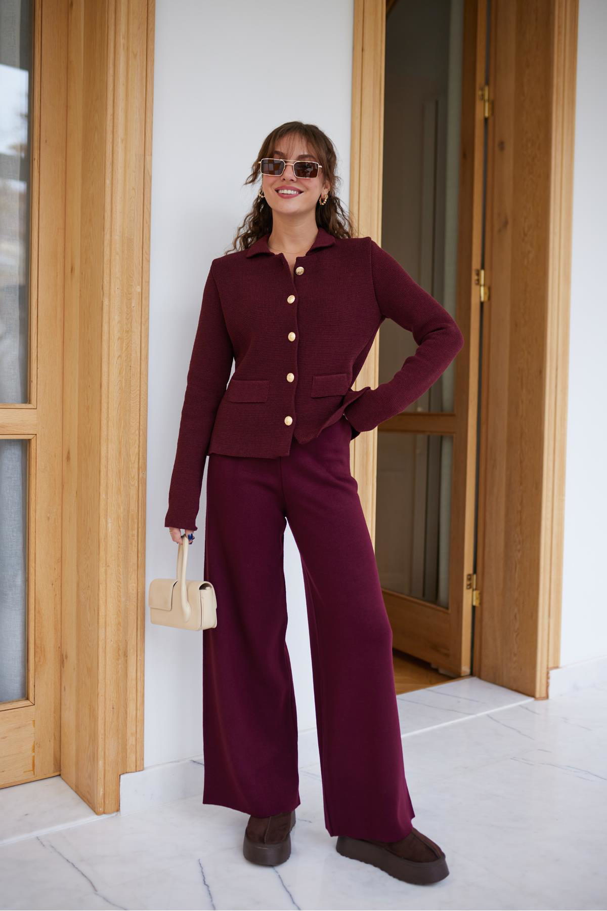 Askı Nişantaşı Bordo Beli Lastikli Triko Pantolon