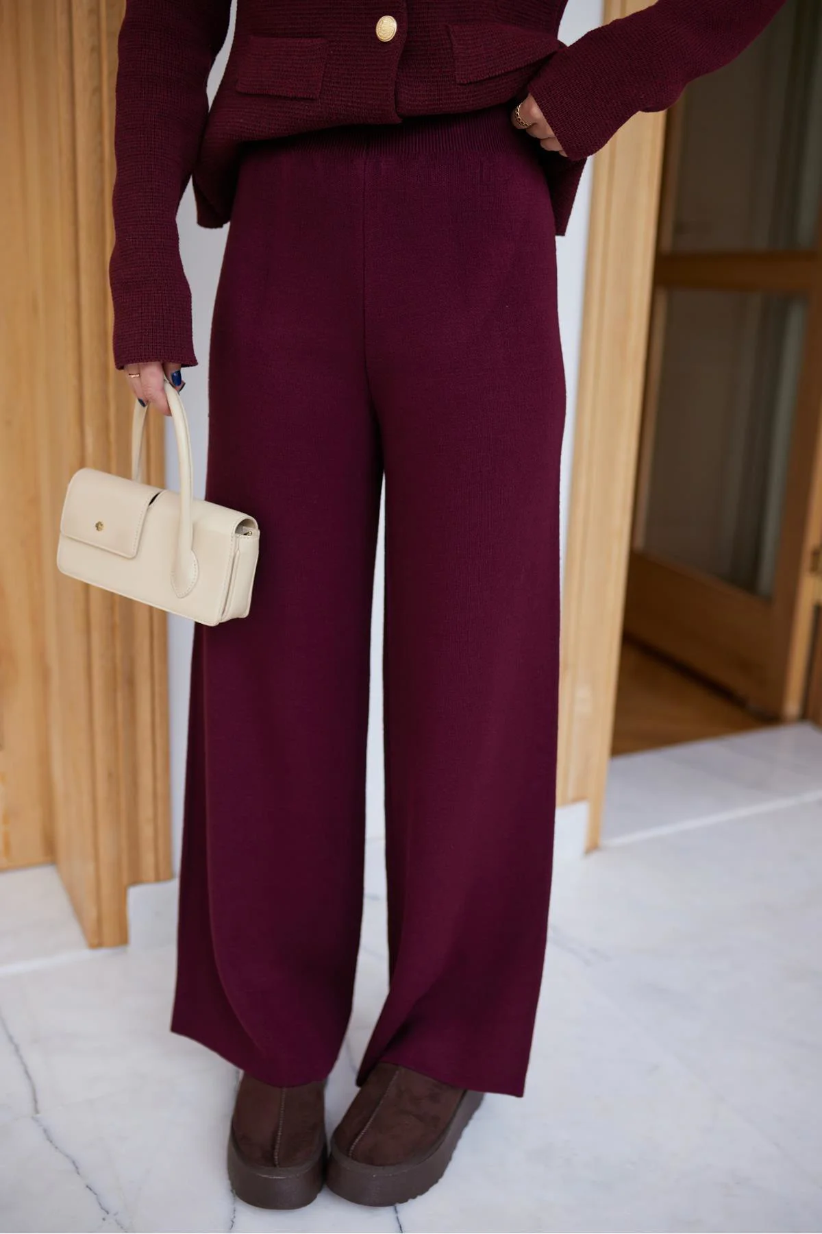 Bordo Beli Lastikli Triko Pantolon