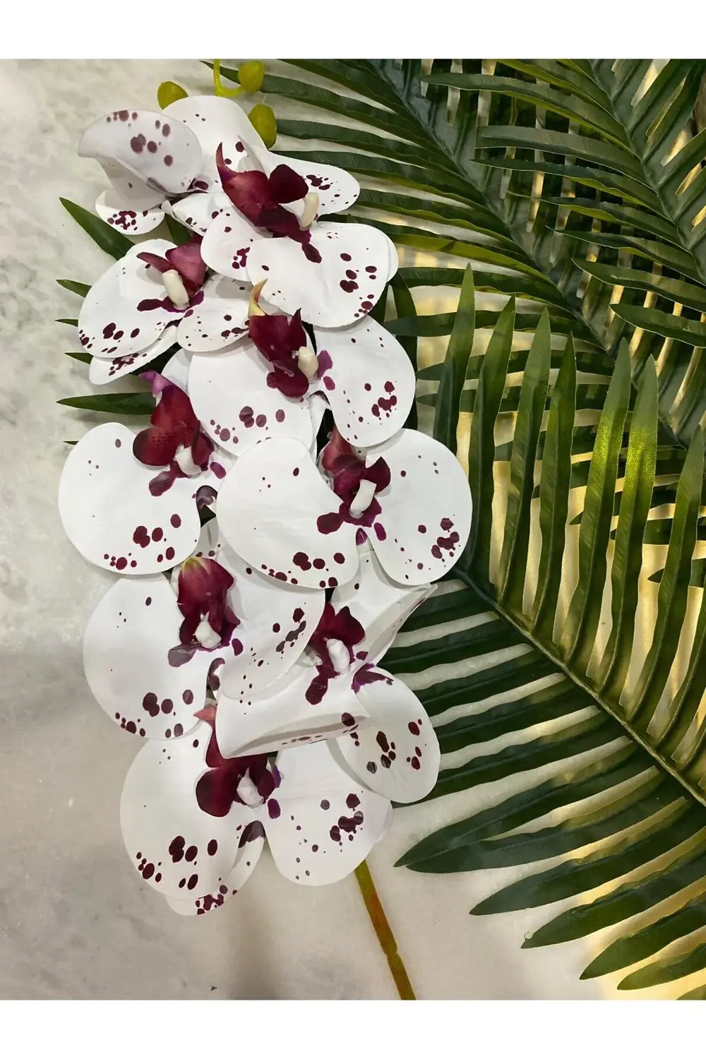 Bordo Beyaz Yapay Orkide Tek Dal 88 Cm