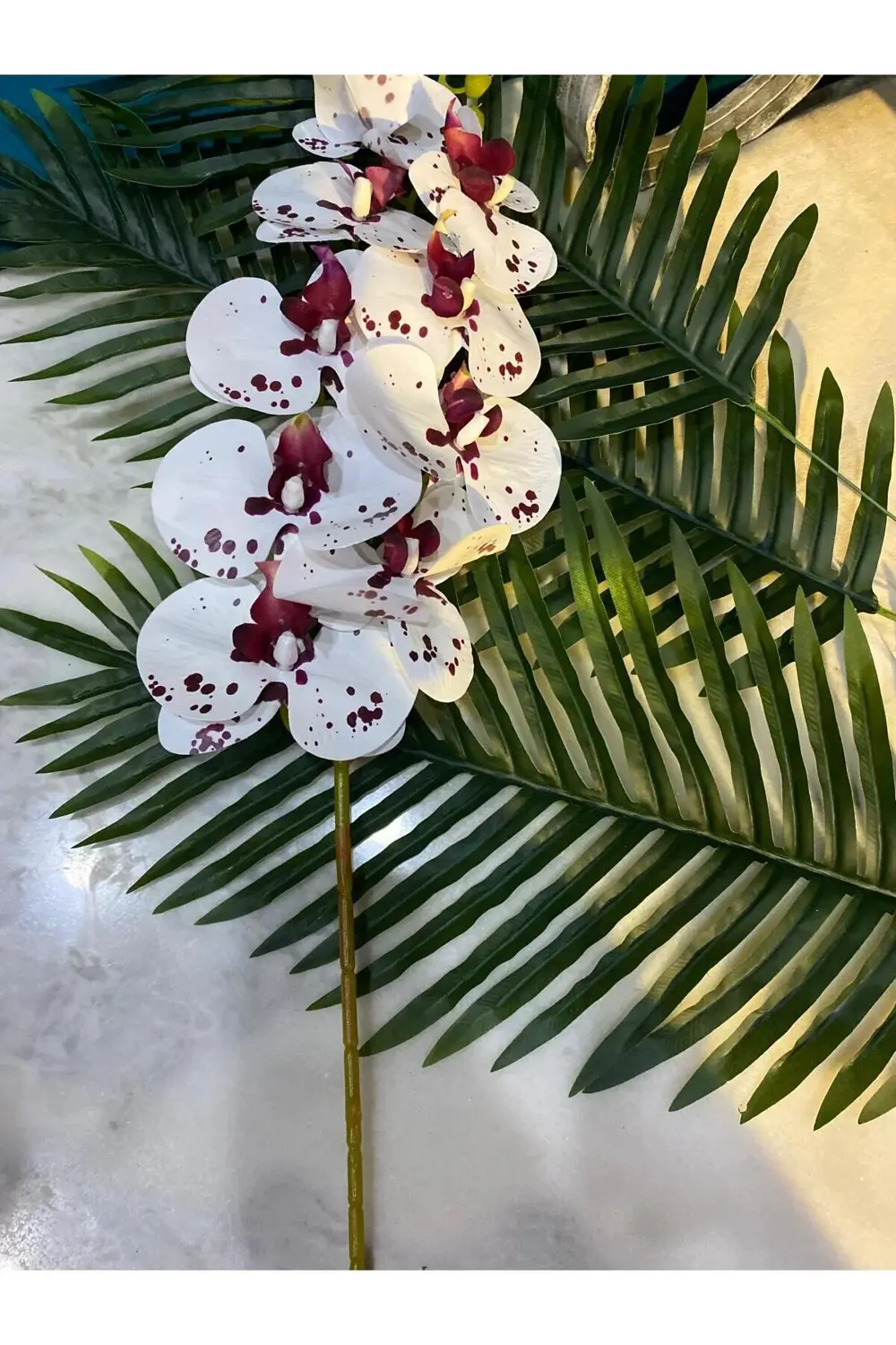 Bordo Beyaz Yapay Orkide Tek Dal 88 Cm