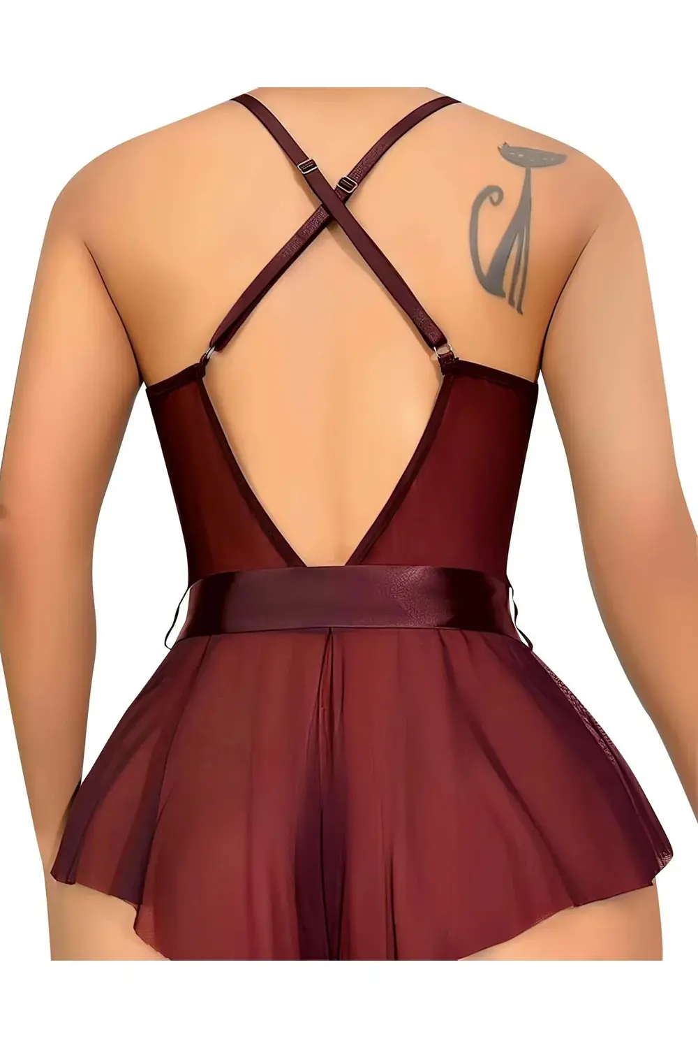 Pilelistore Bordo Dantel İşlemeli Kurdelalı Fantezi Tül Babydoll