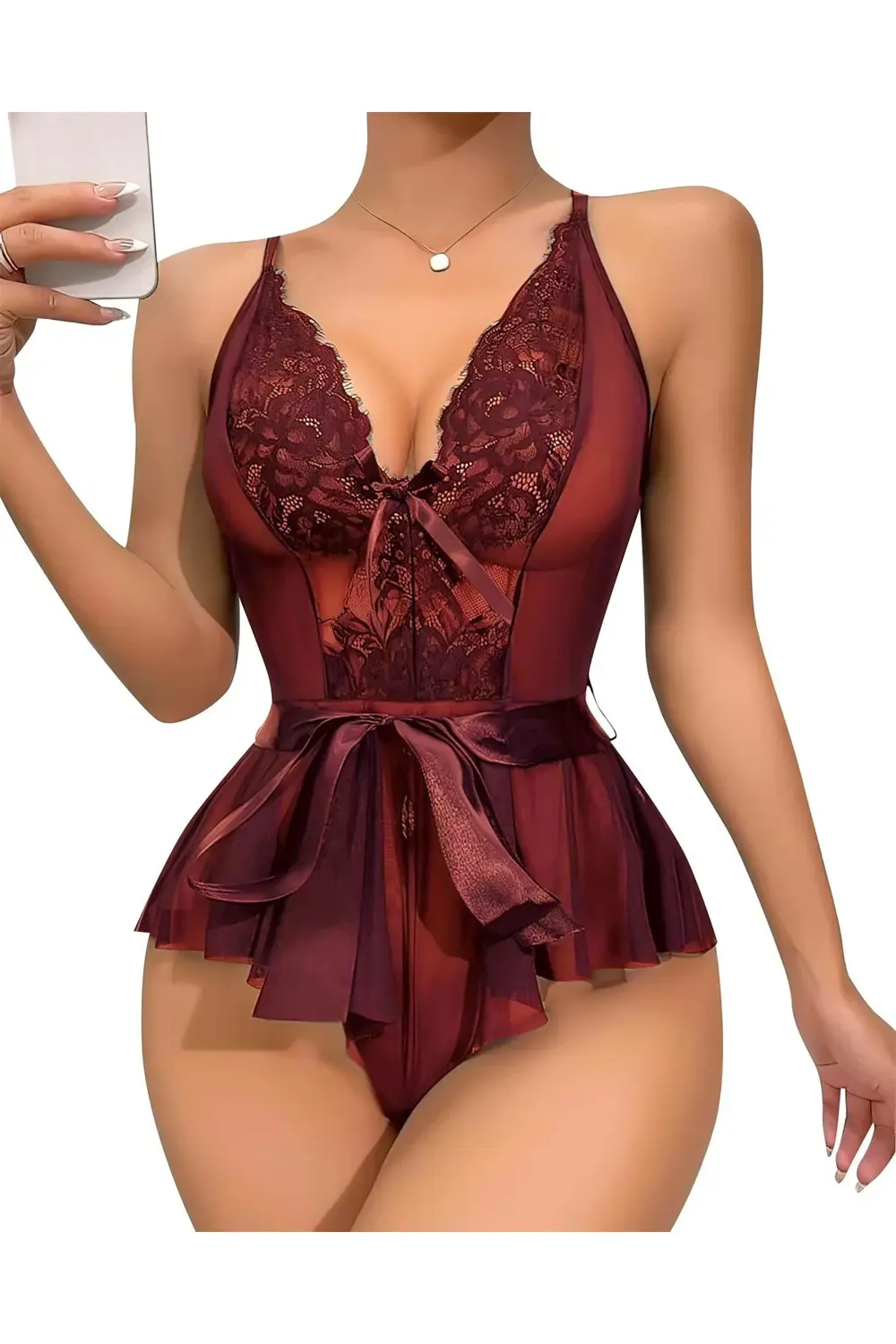 Pilelistore Bordo Dantel İşlemeli Kurdelalı Fantezi Tül Babydoll