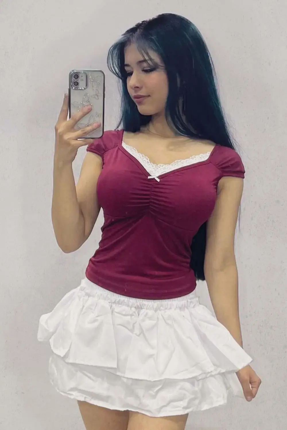 Bordo Dantel Yaka Örgü Desenli Y2K Kısa Kollu Crop