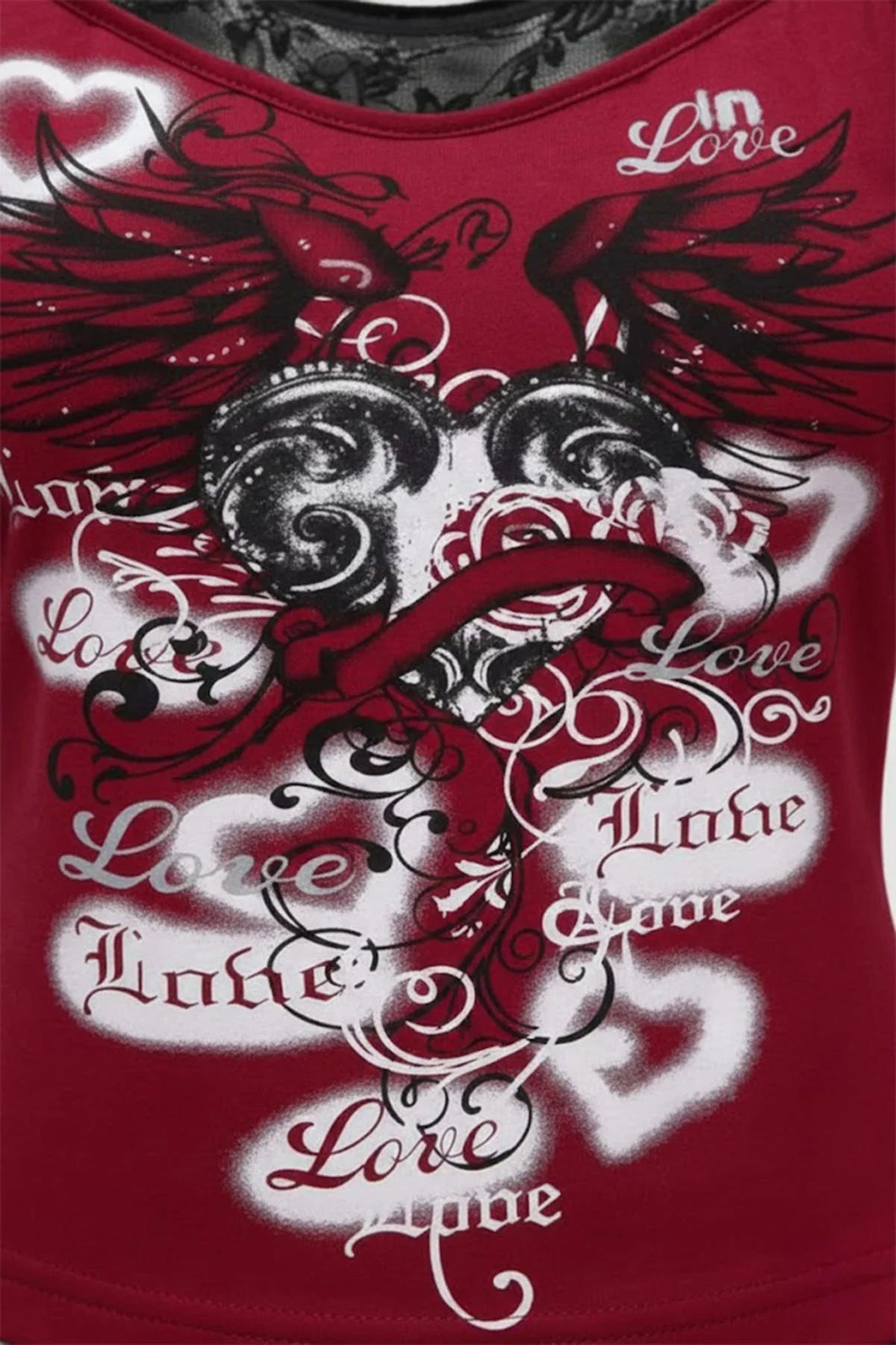 Bordo Gotik Coquette Love Dantel Detaylı Y2K Askılı Crop