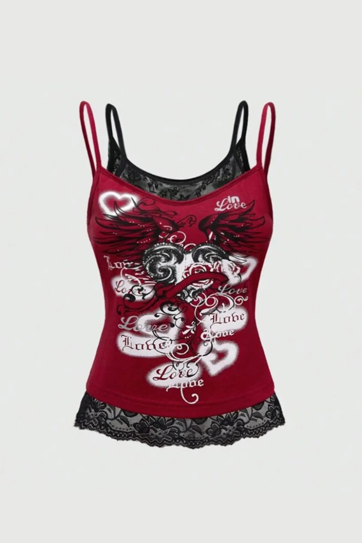 Bordo Gotik Coquette Love Dantel Detaylı Y2K Askılı Crop