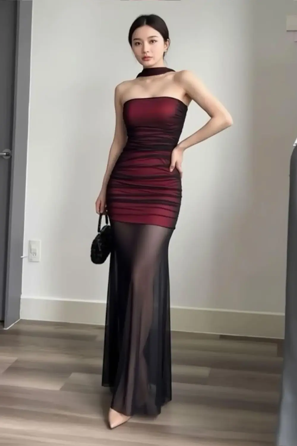 Bordo Gotik Transparan Tül Uzun Elbise Bordo Gotik Transparan Tül Uzun Elbise