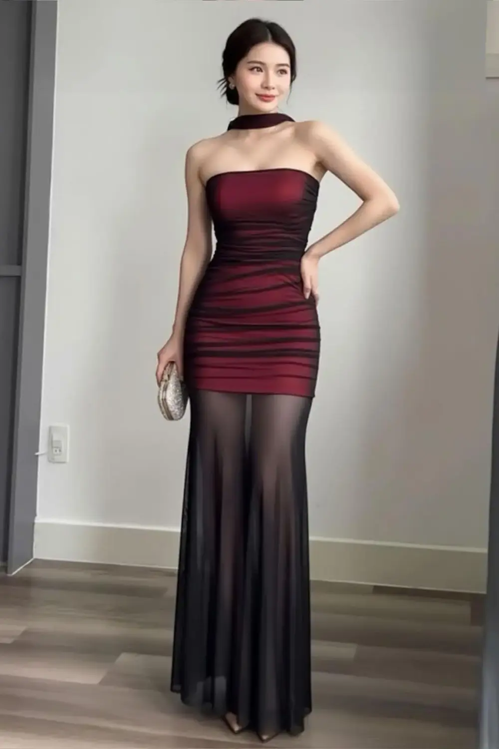 Bordo Gotik Transparan Tül Uzun Elbise Bordo Gotik Transparan Tül Uzun Elbise