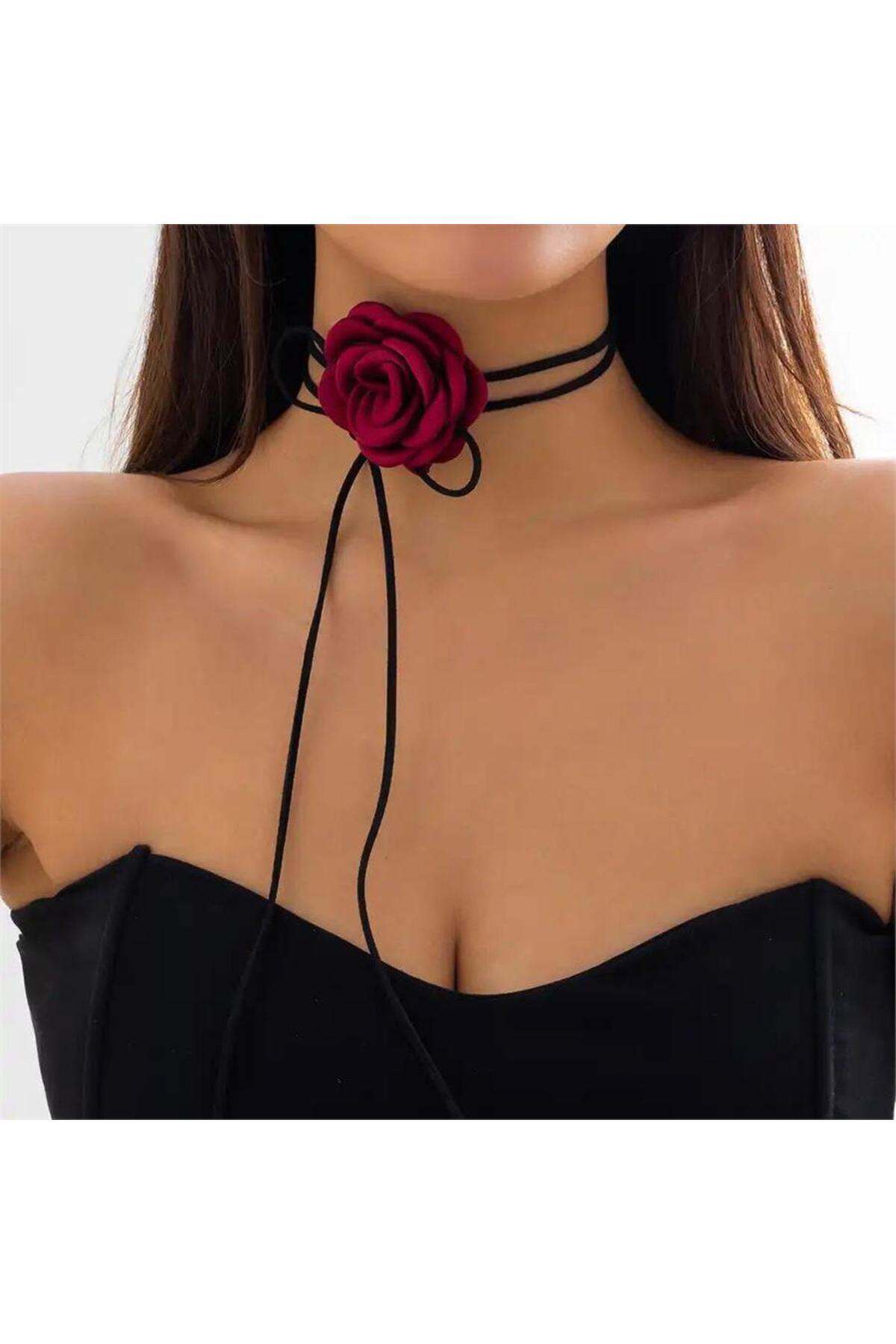 Bordo Gül Desenli Choker Kolye