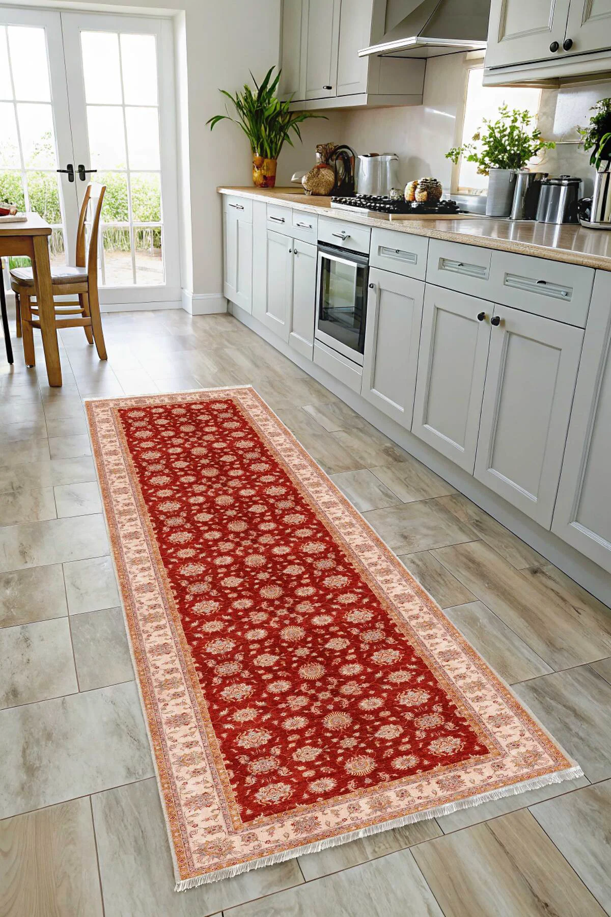 Bordo Krem Klasik Şönil Halı Kilim Yolluk Yıkanabilir Kaymaz Otur