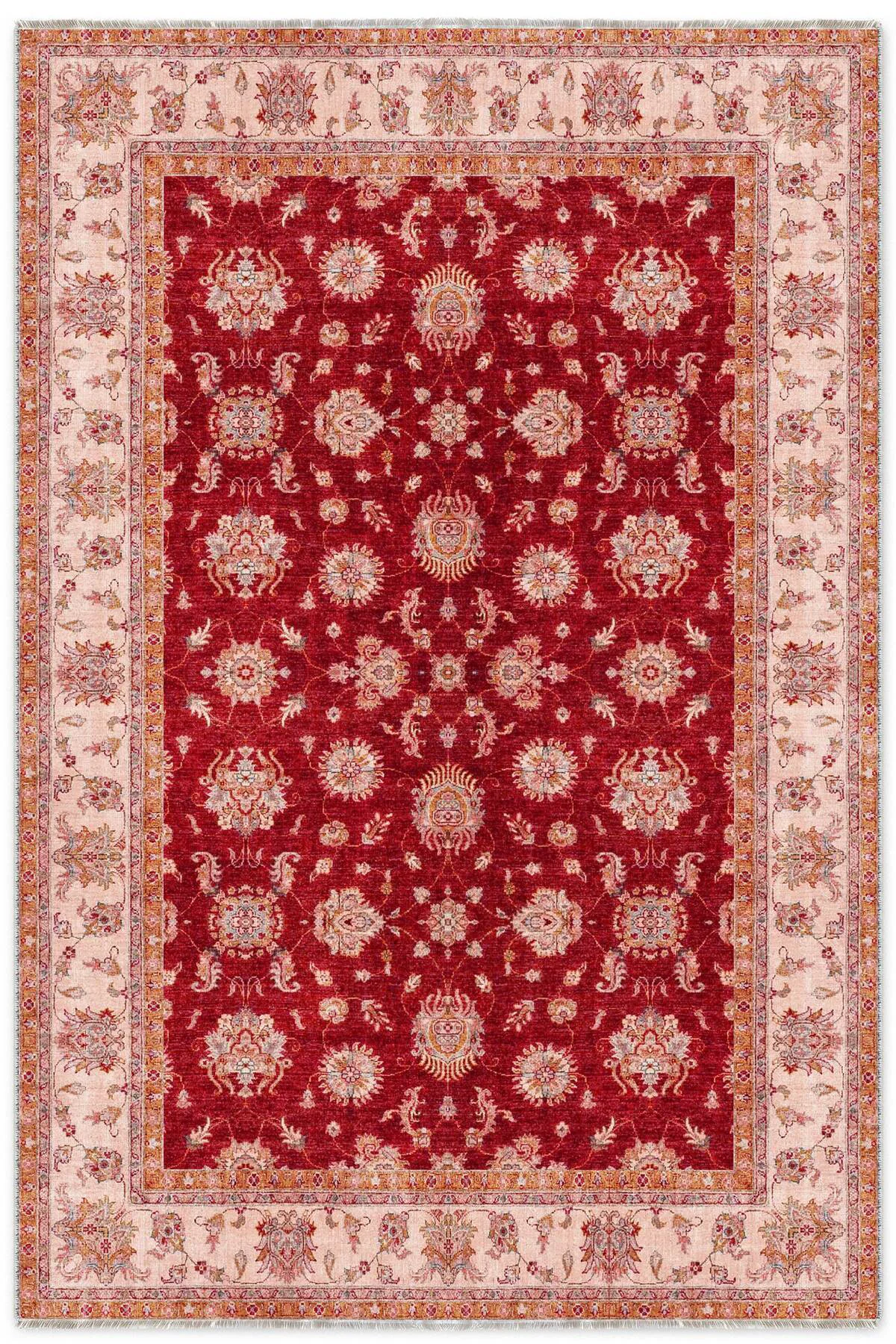 Bordo Krem Klasik Şönil Halı Kilim Yolluk Yıkanabilir Kaymaz Otur