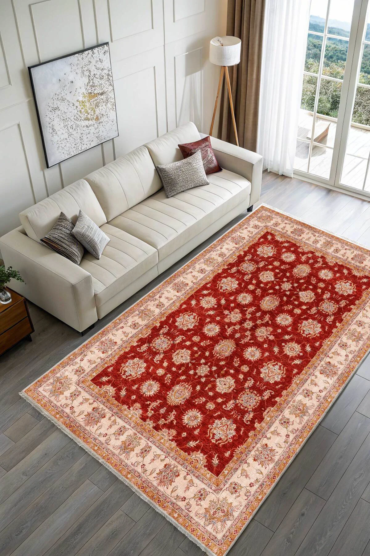 Bordo Krem Klasik Şönil Halı Kilim Yolluk Yıkanabilir Kaymaz Otur