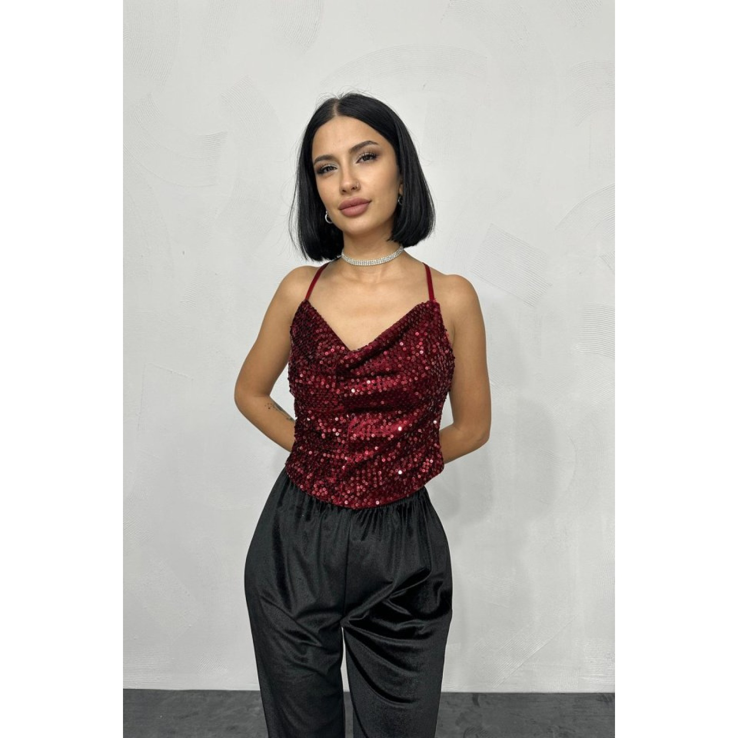 Bordo Lucky Life Kadın Askılı Degaje Bluz