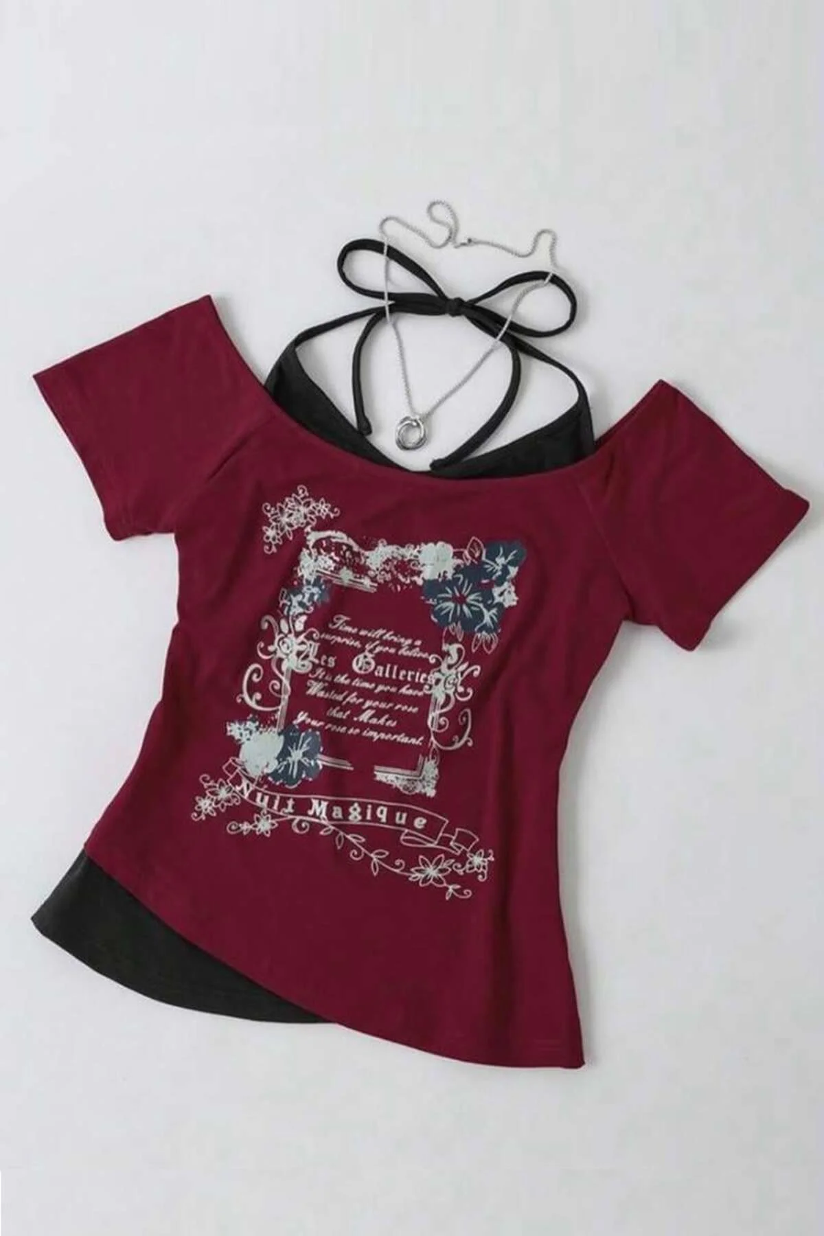 Bordo Nuit Magique Madonna Yaka Ek Askılı Y2K Kısa Kollu Full Body Crop