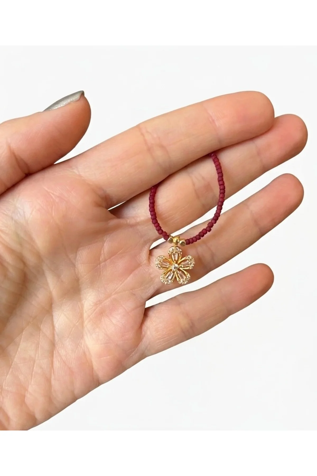 Bordo Özel Hint Boncuklu Gold Çiçek Kolye - Zirkon Taşlı Papatya Figürlü Yazlık El Yapımı Kolye