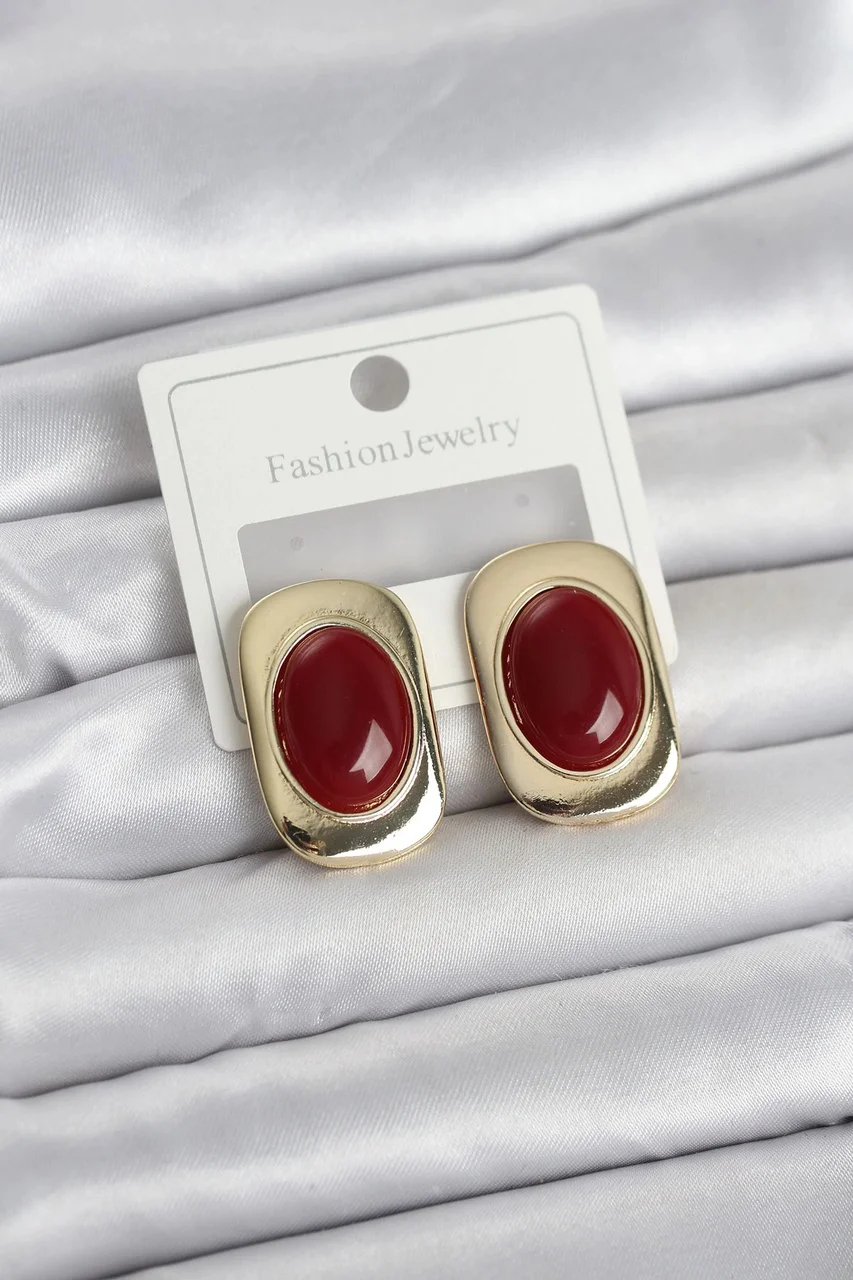 Bordo Renk Kare Model Vintage Kadın Küpe Çok renkli