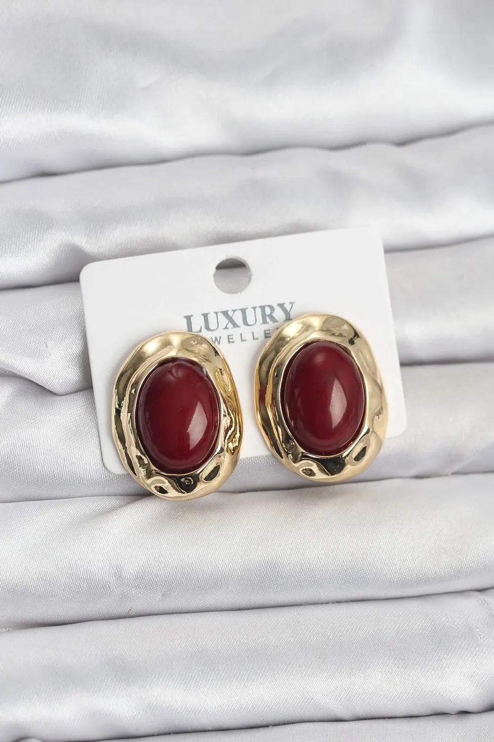 Bordo Renk Oval Vintage Pirinç Kadın Küpe