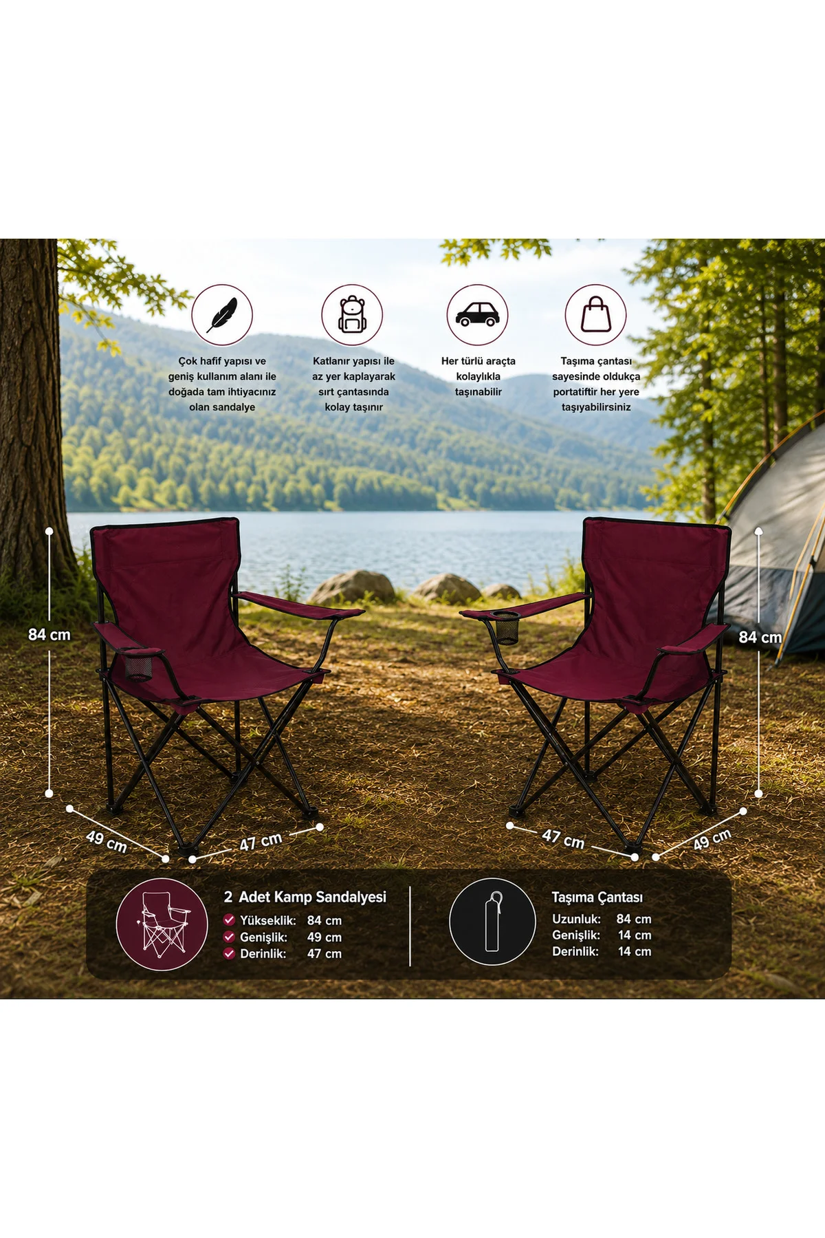 Bordo Sandalyeli Kamp Seti – 2 Sandalye ve Kırmızı Masa Fiyatı, Yorumları ve Özellikleri