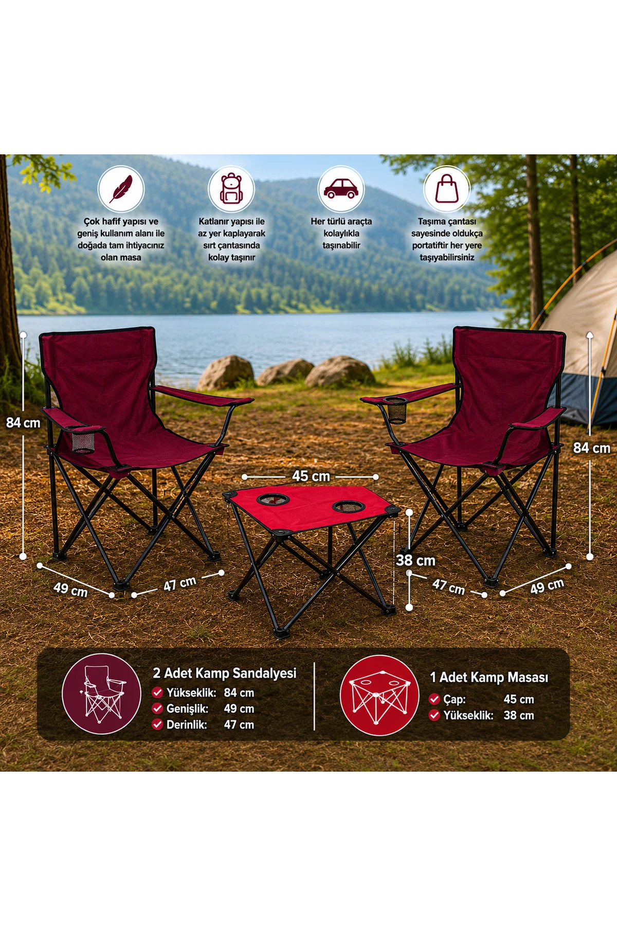 Bordo Sandalyeli Kamp Seti – 2 Sandalye ve Kırmızı Masa Fiyatı, Yorumları ve Özellikleri