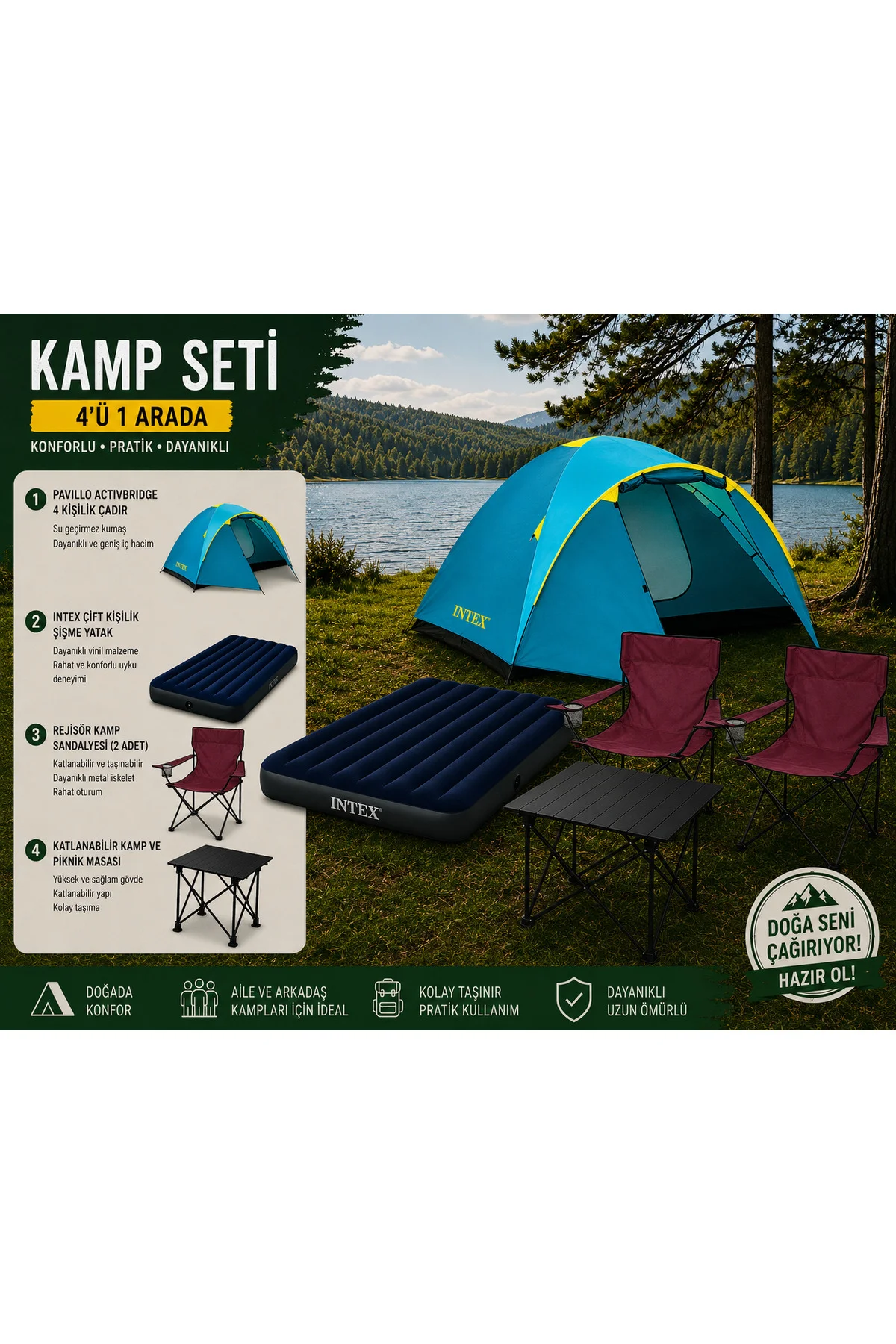 Bordo Sandalyeli Kamp Seti – 4 Kişilik Çadır, Intex Yatak ve Masa