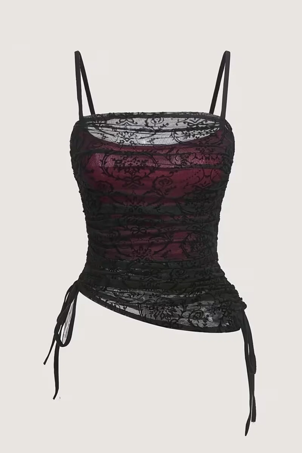 Bordo Transparan Dantelli Desenli Gotik Y2K Askılı Crop Bordo Transparan Dantelli Desenli Gotik Y2K Askılı Crop