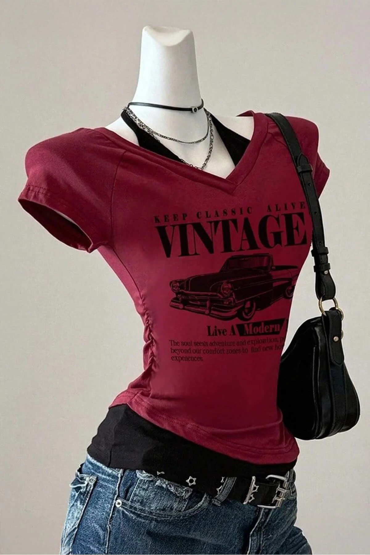 Bordo Vintage Modern Life Ek Askılı Y2K Kısa Kollu Crop Fiyatı, Yorumları ve Özellikleri
