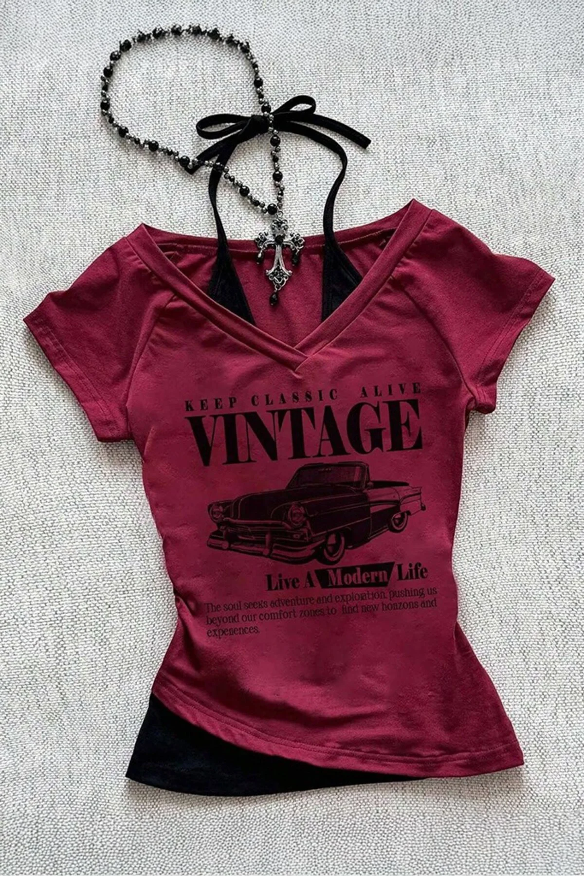 Bordo Vintage Modern Life Ek Askılı Y2K Kısa Kollu Crop Fiyatı, Yorumları ve Özellikleri
