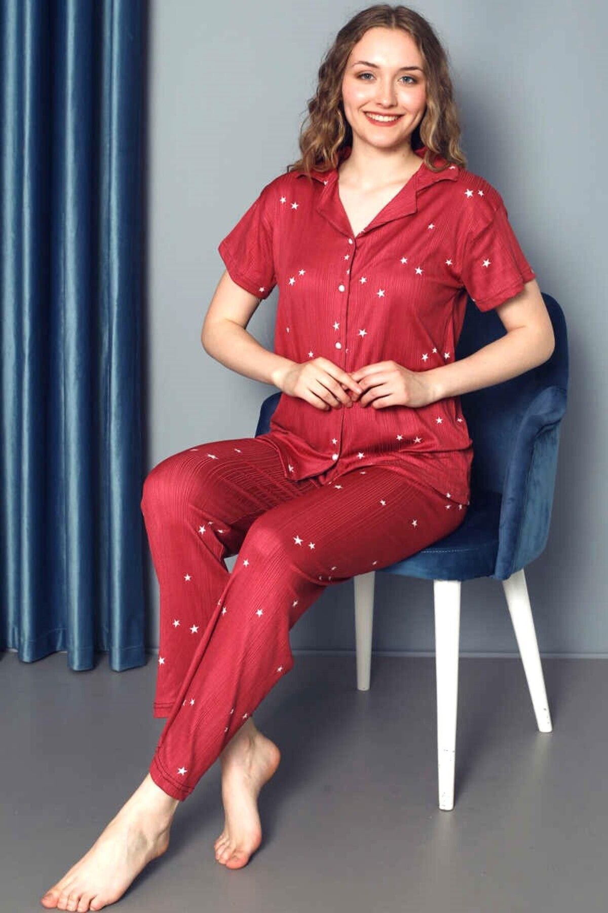 BORDO YILDIZLI KISA KOL PEGASUS PİJAMA TAKIMI