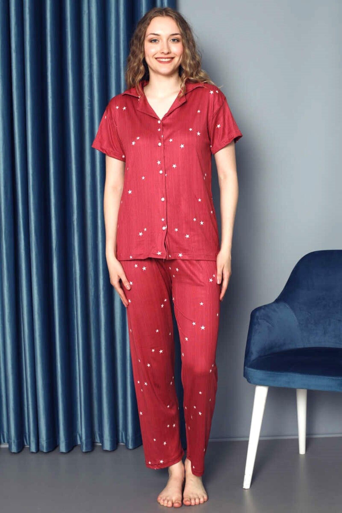 BORDO YILDIZLI KISA KOL PEGASUS PİJAMA TAKIMI