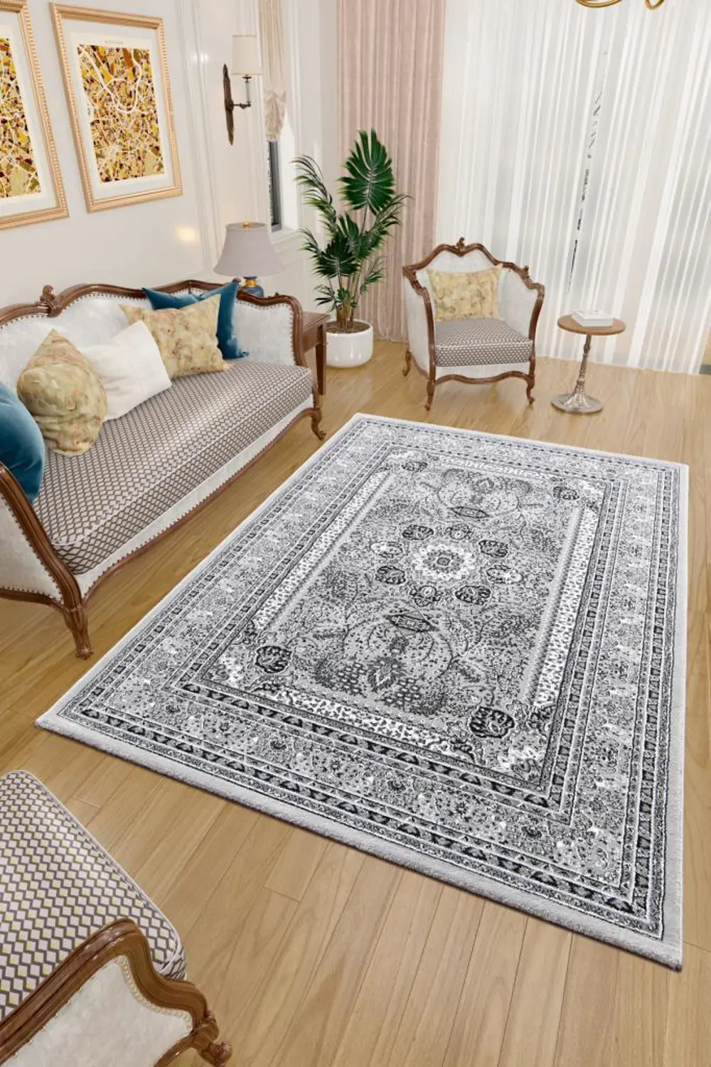 Bordürlü Klasik Çiçek desenli İran Tarzı Afgan Halısı gri Halı Jü