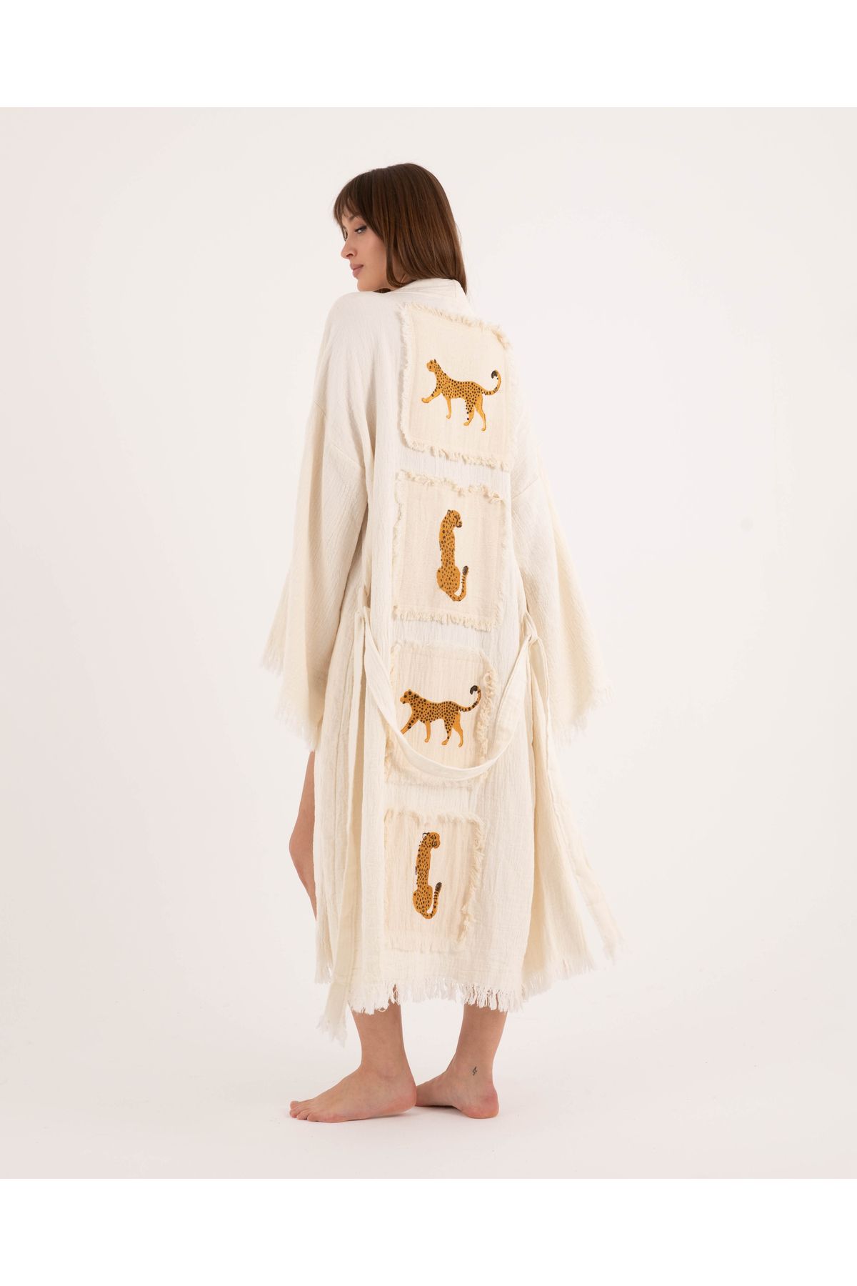 Bornoz ,plaj Kıyafeti,kimono , Kaftan ,sabahlık Sırt Parçalı Leopar Desen Baskılı