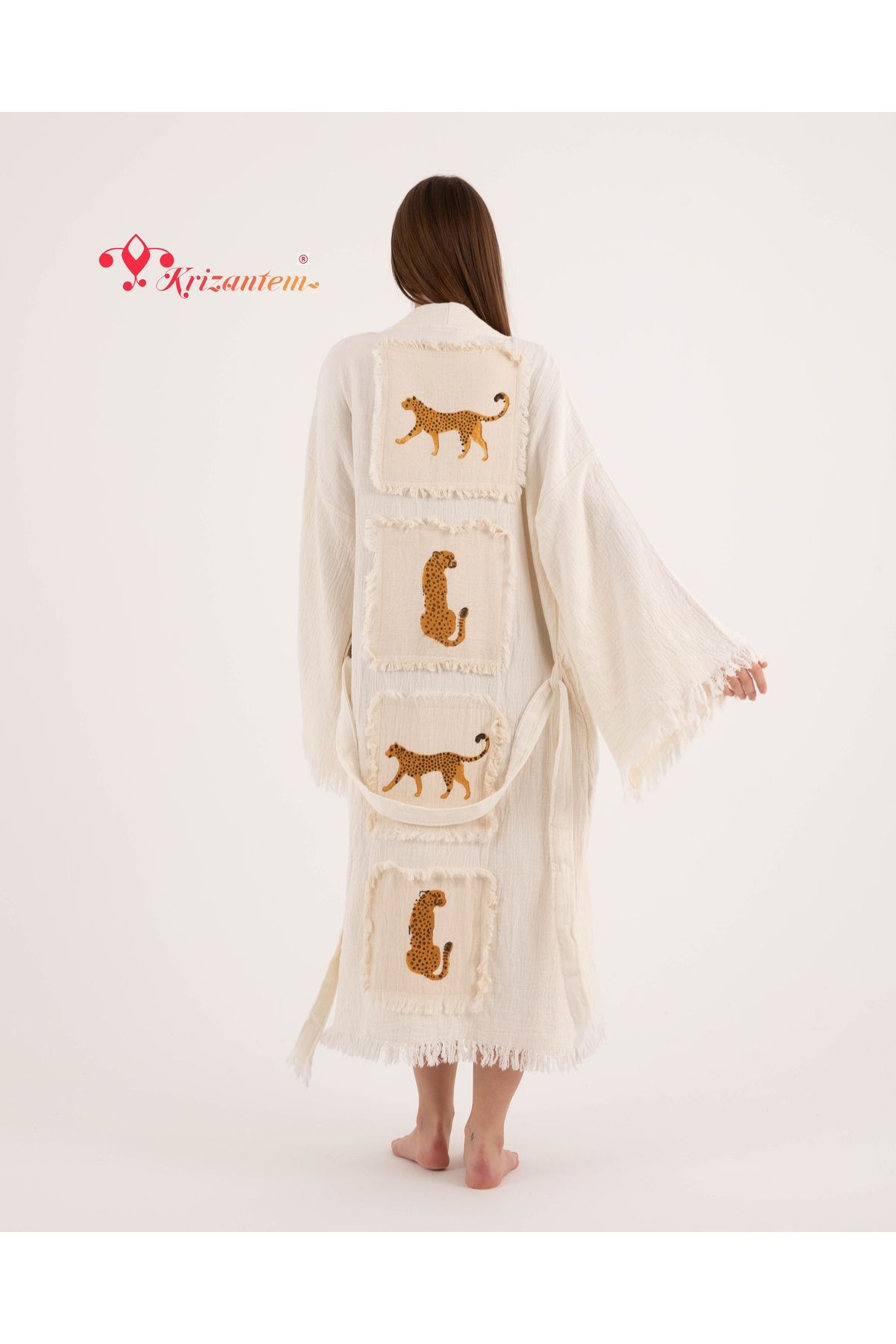 Bornoz ,plaj Kıyafeti,kimono , Kaftan ,sabahlık Sırt Parçalı Leopar Desen Baskılı