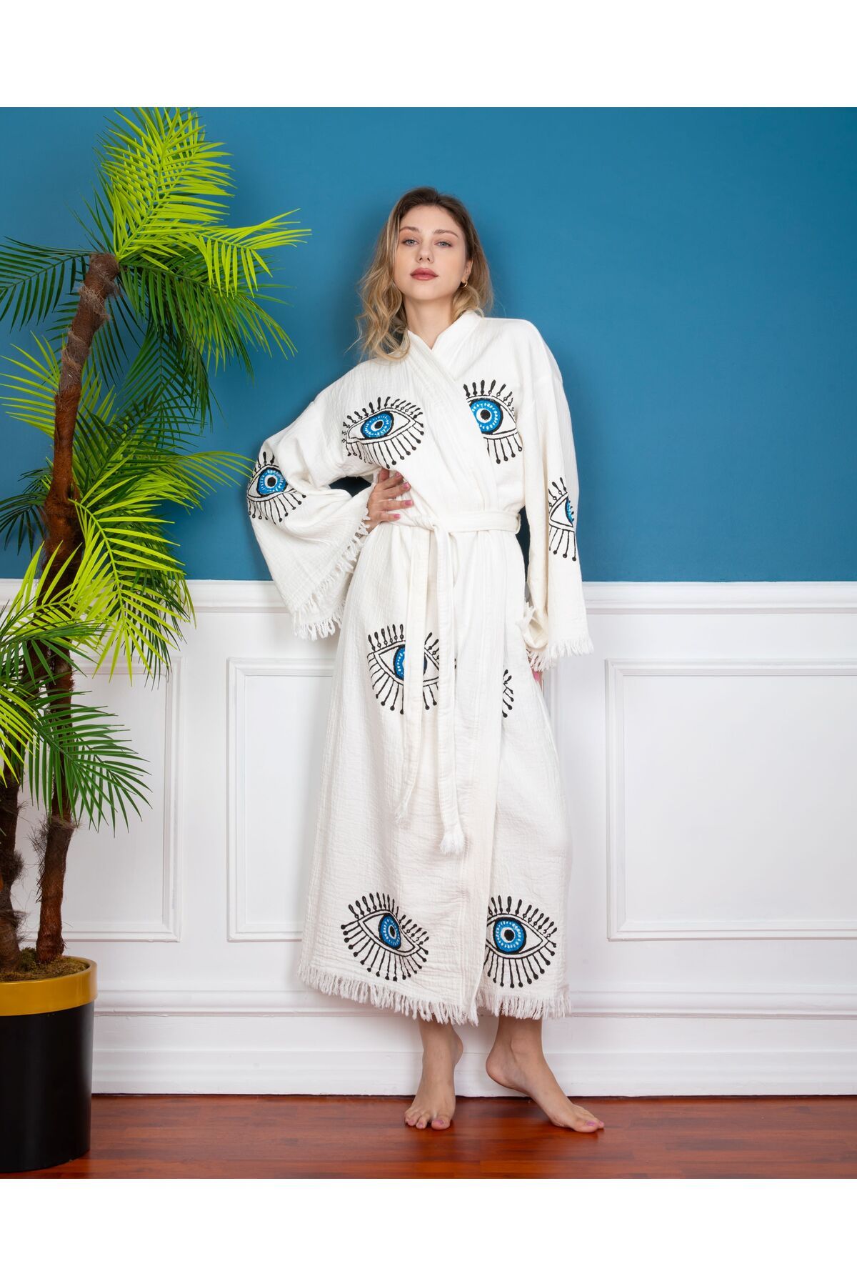Bornoz ,Plaj Kıyafeti,Kimono , Kaftan ,Sabahlık  & Açık Mavi Göz Desen Baskılı