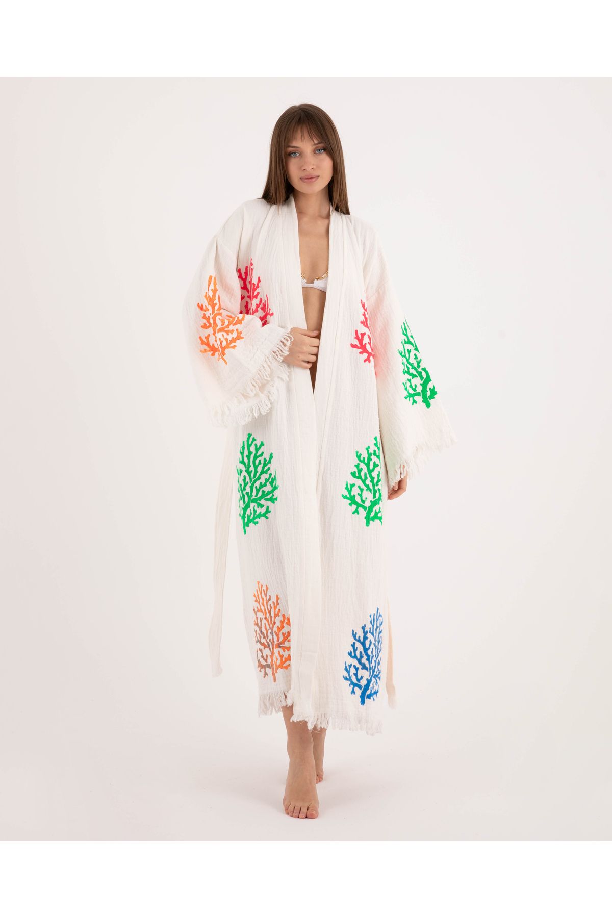 Bornoz ,plaj Kıyafeti,kimono , Kaftan ,Sabahlık & rengarenk Mercan Desen Baskılı