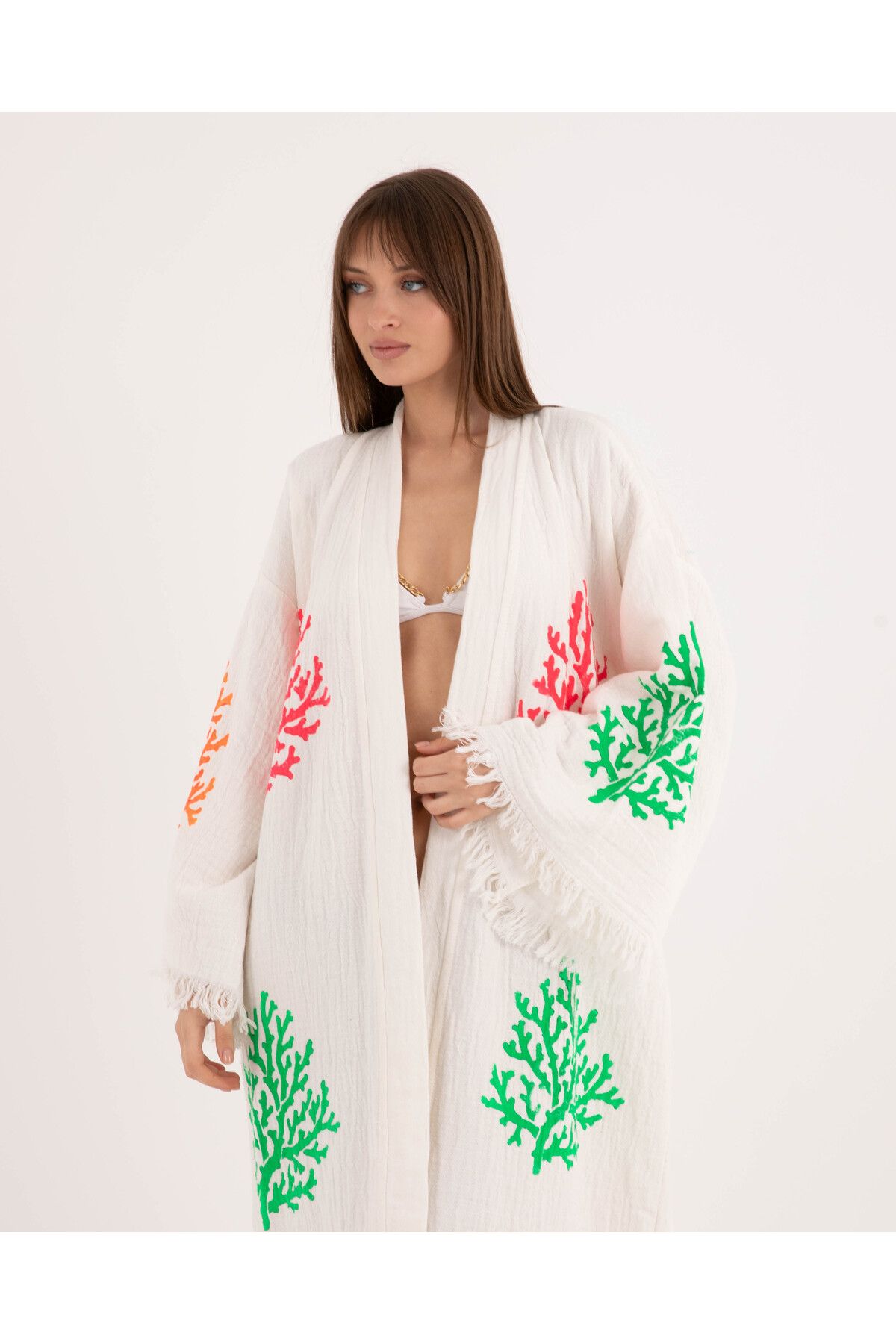 Bornoz ,plaj Kıyafeti,kimono , Kaftan ,Sabahlık & rengarenk Mercan Desen Baskılı
