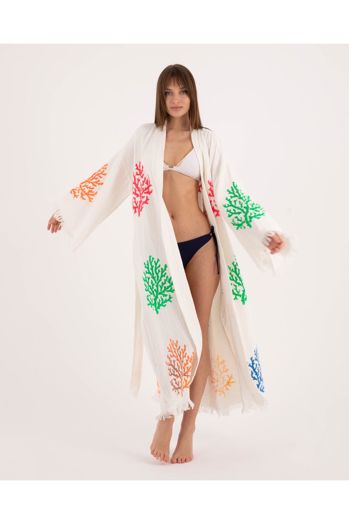Bornoz ,plaj Kıyafeti,kimono , Kaftan ,Sabahlık & rengarenk Mercan Desen Baskılı