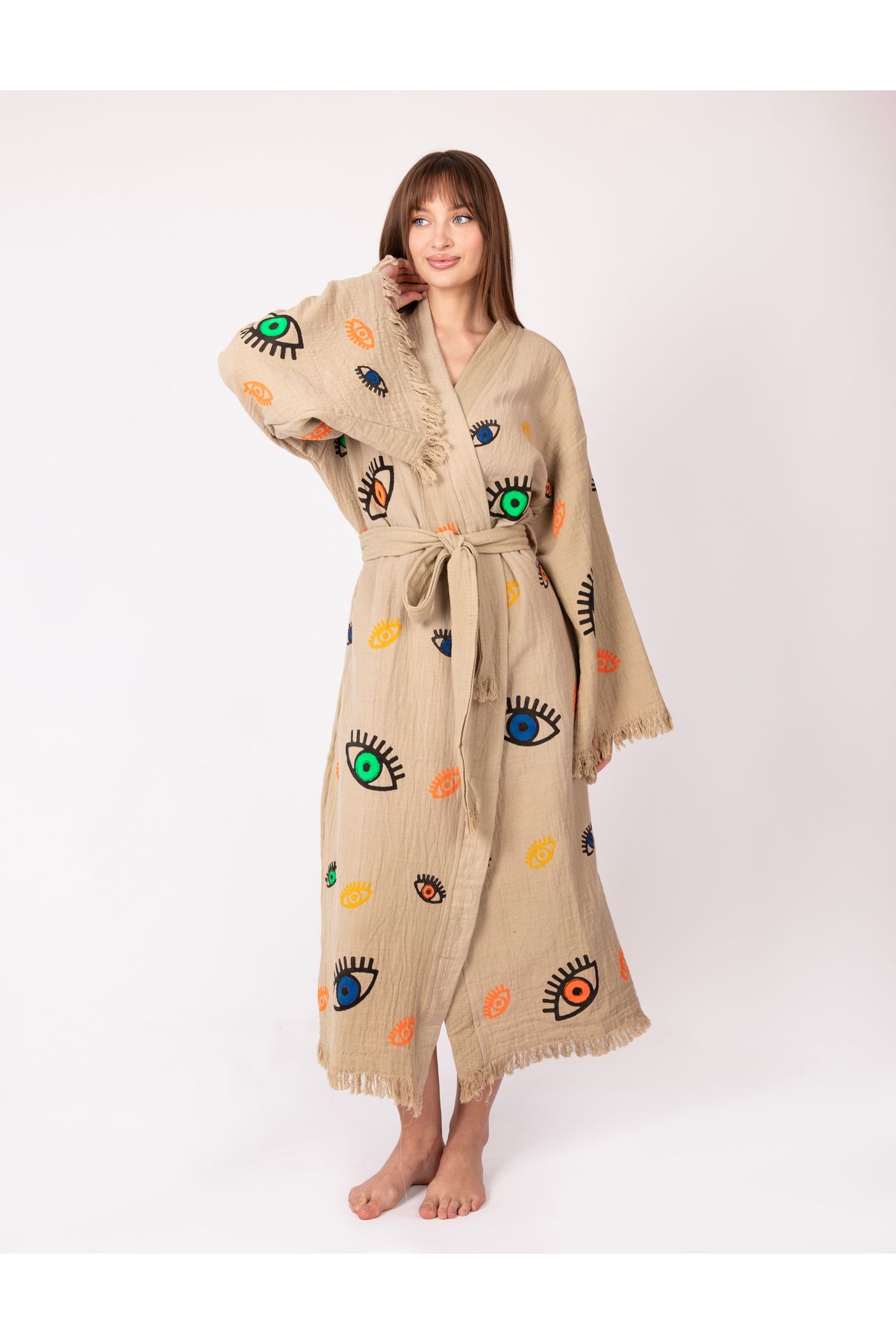 Bornoz ,Plaj Kıyafeti,Kimono , Kaftan ,Sabahlık  &  Bej Renk Kumaş Renkli Nazar Göz