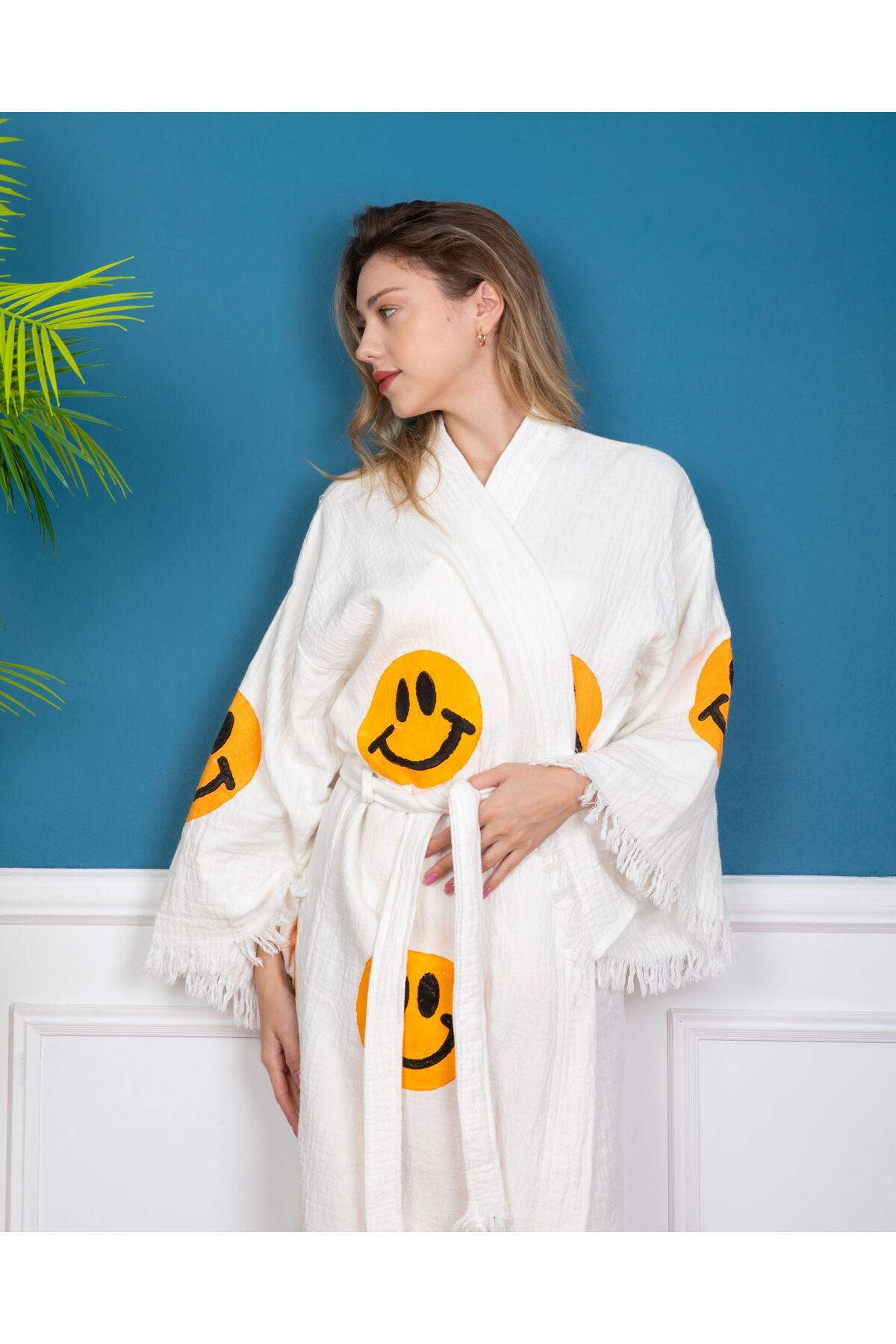 Bornoz ,Plaj Kıyafeti, Kimono , Kaftan ,Sabahlık Gülen Emoji Desen Baskılı